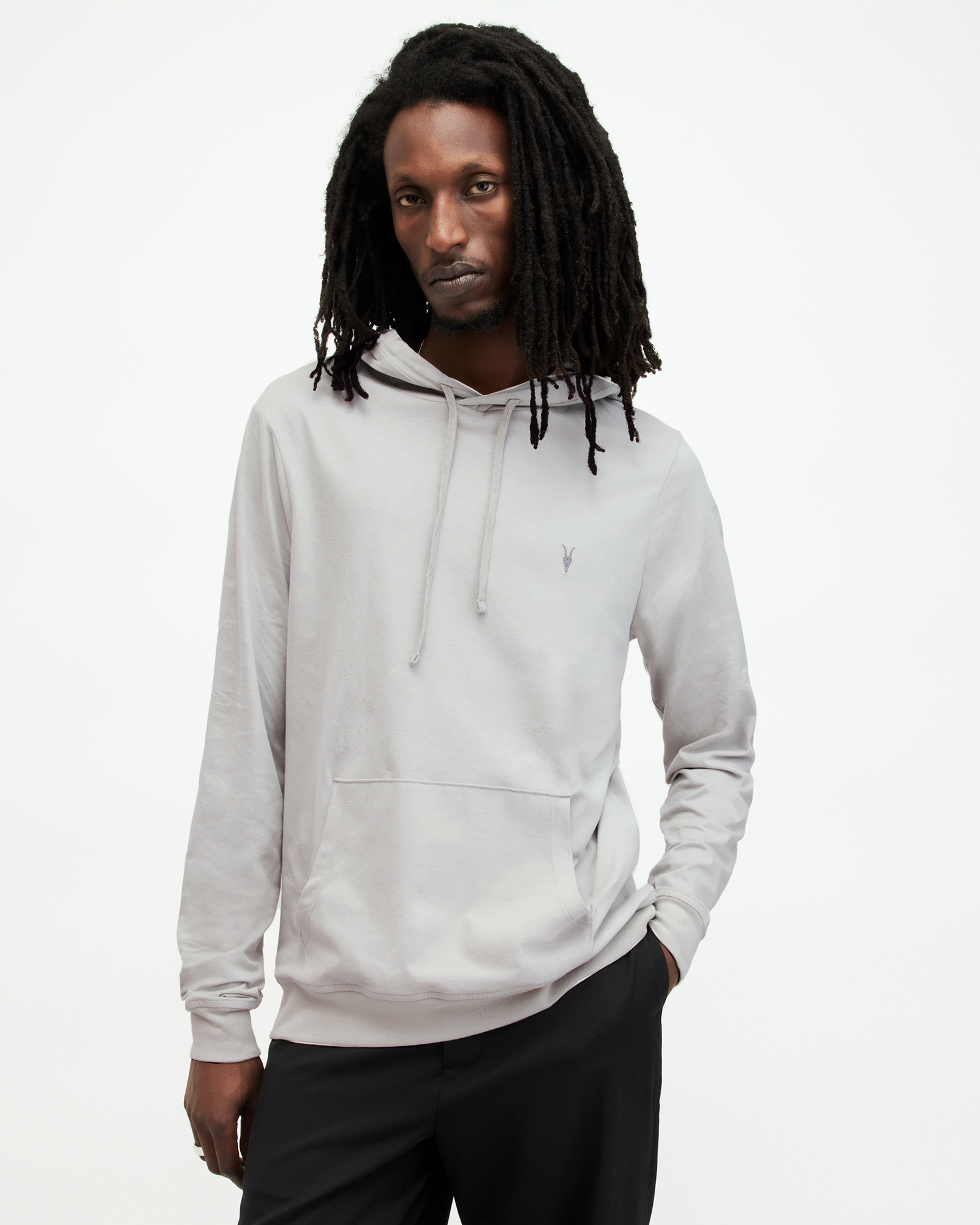 Allsaints Brace Pullover Brushed Cotton Hoodie In Cool Grey