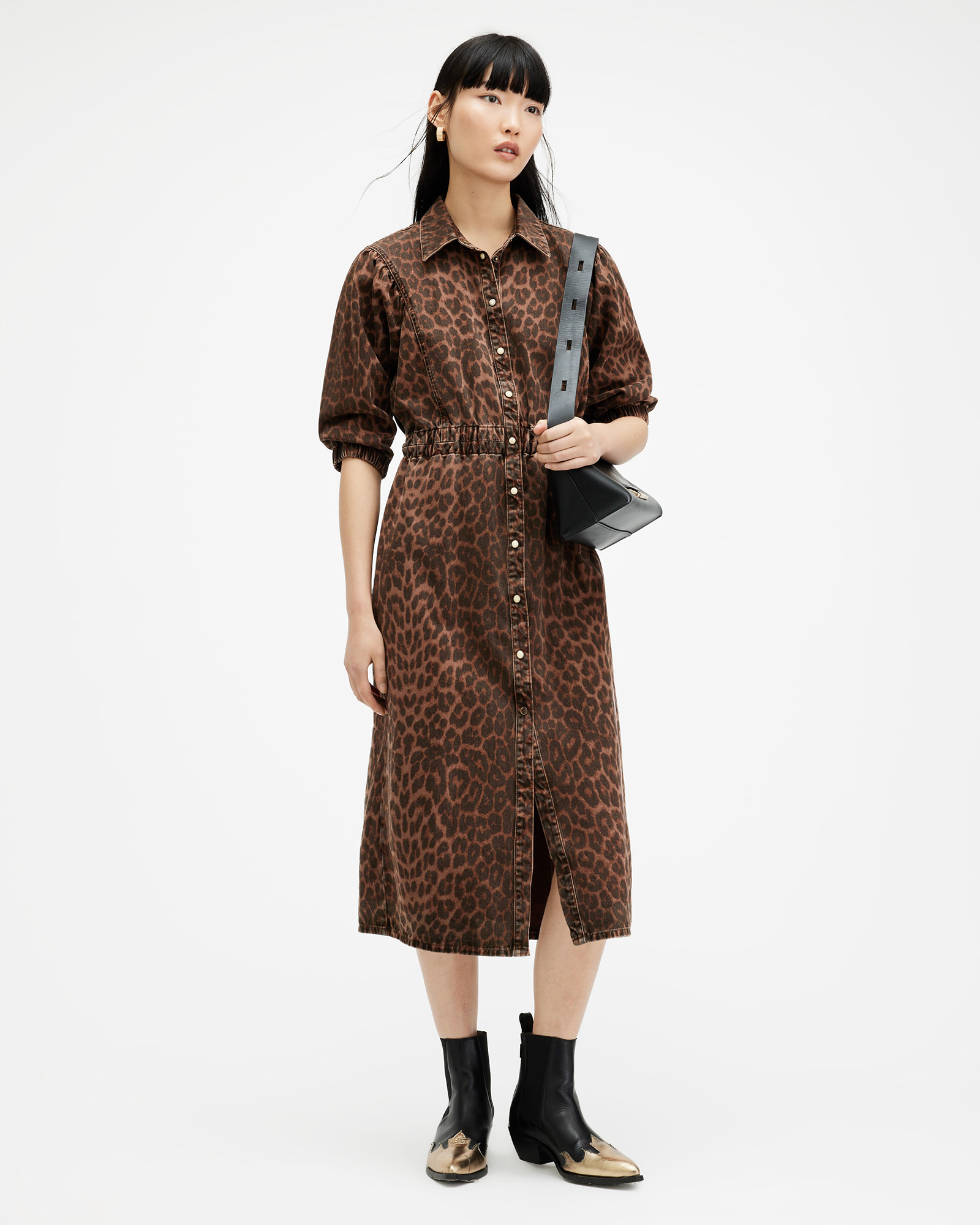AllSaints Osa Leopard Print Denim Dress,, ANIMAL BROWN