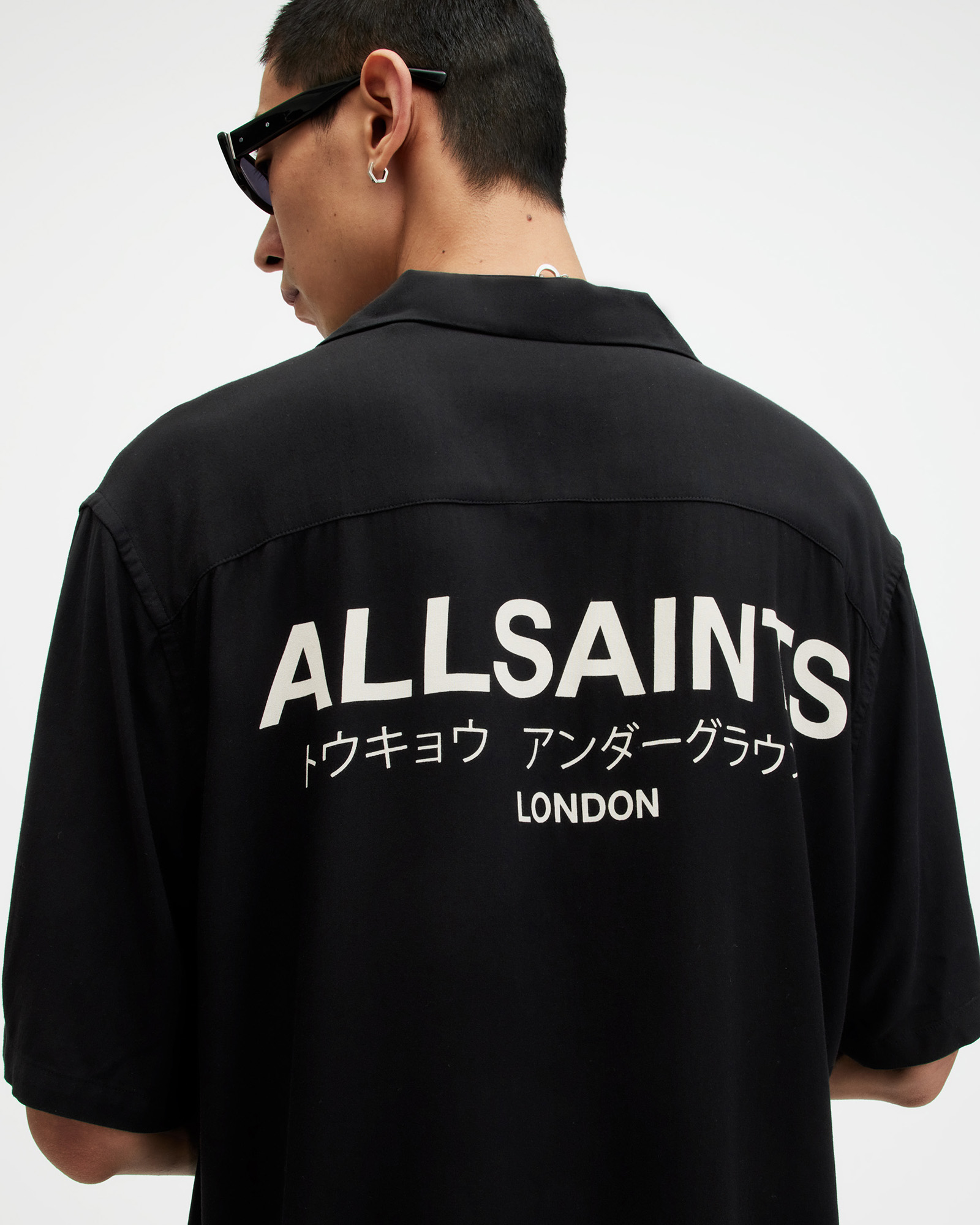 AllSaints Underground Short Sleeve Relaxed Fit Shirt,, JET BLACK/ECRU