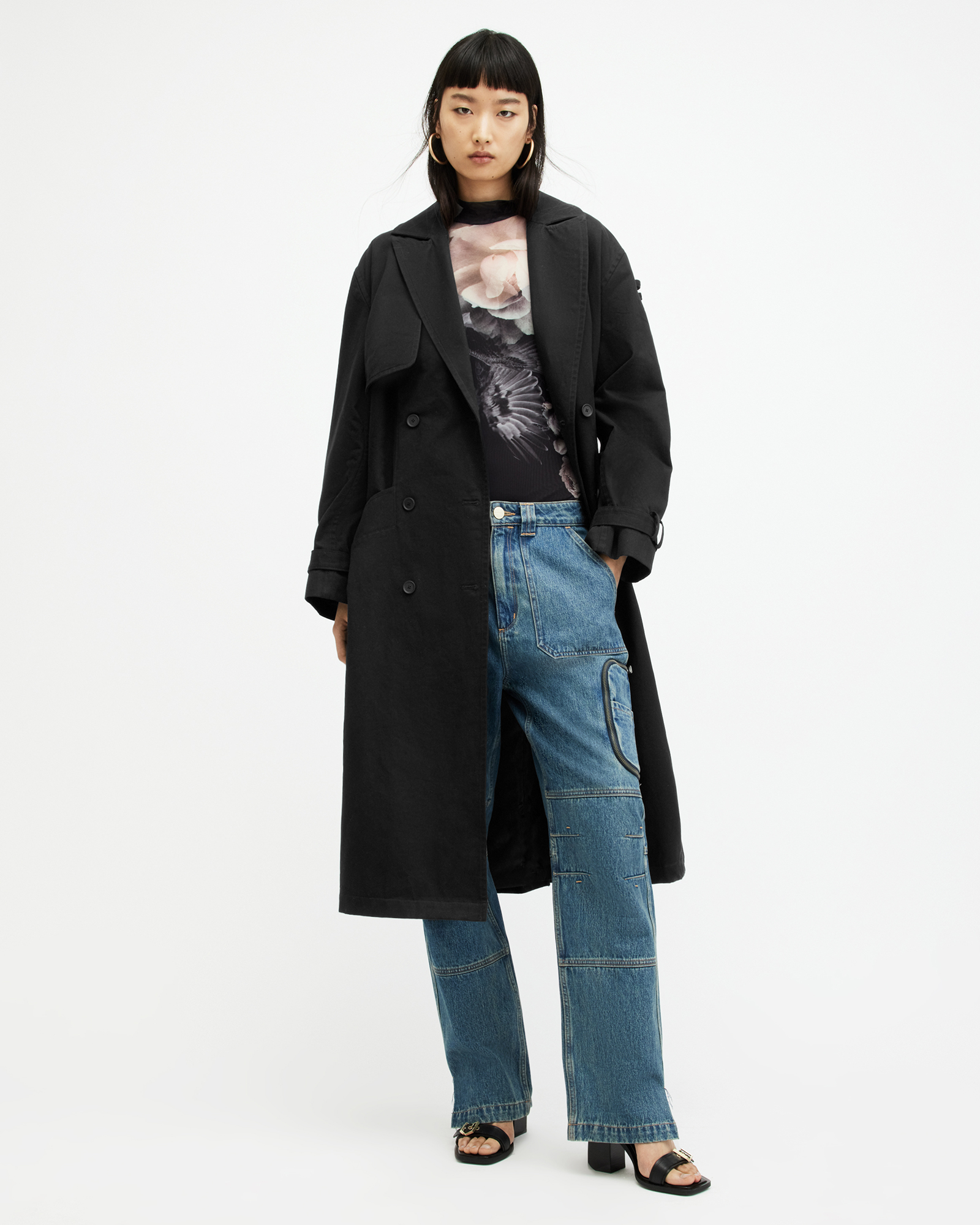 AllSaints Wyatt Relaxed Fit Belted Trench Coat,, Black