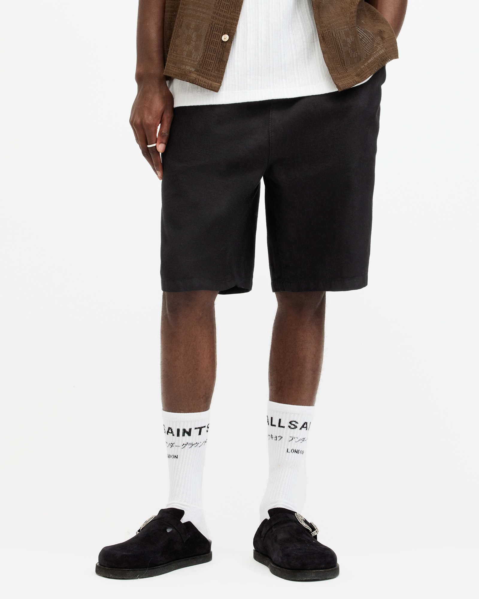 AllSaints Hanbury Linen Blend Straight Fit Shorts,, Jet Black