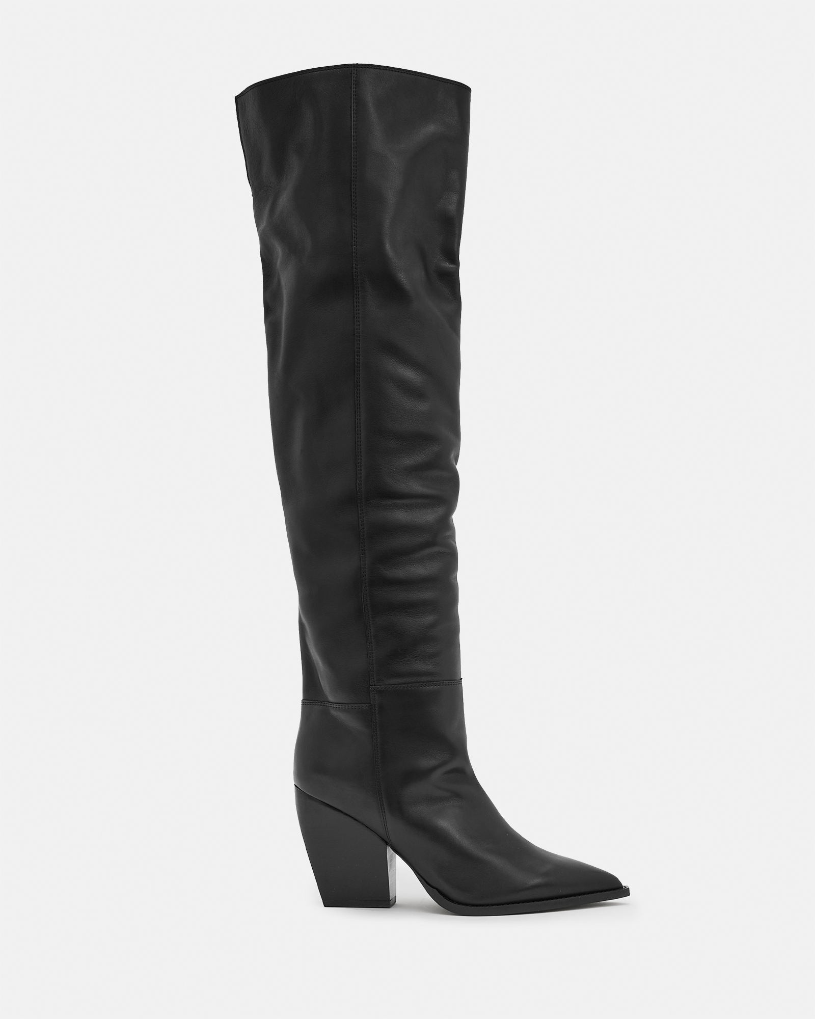 AllSaints Reina Over Knee Leather Heeled Boots,, Black