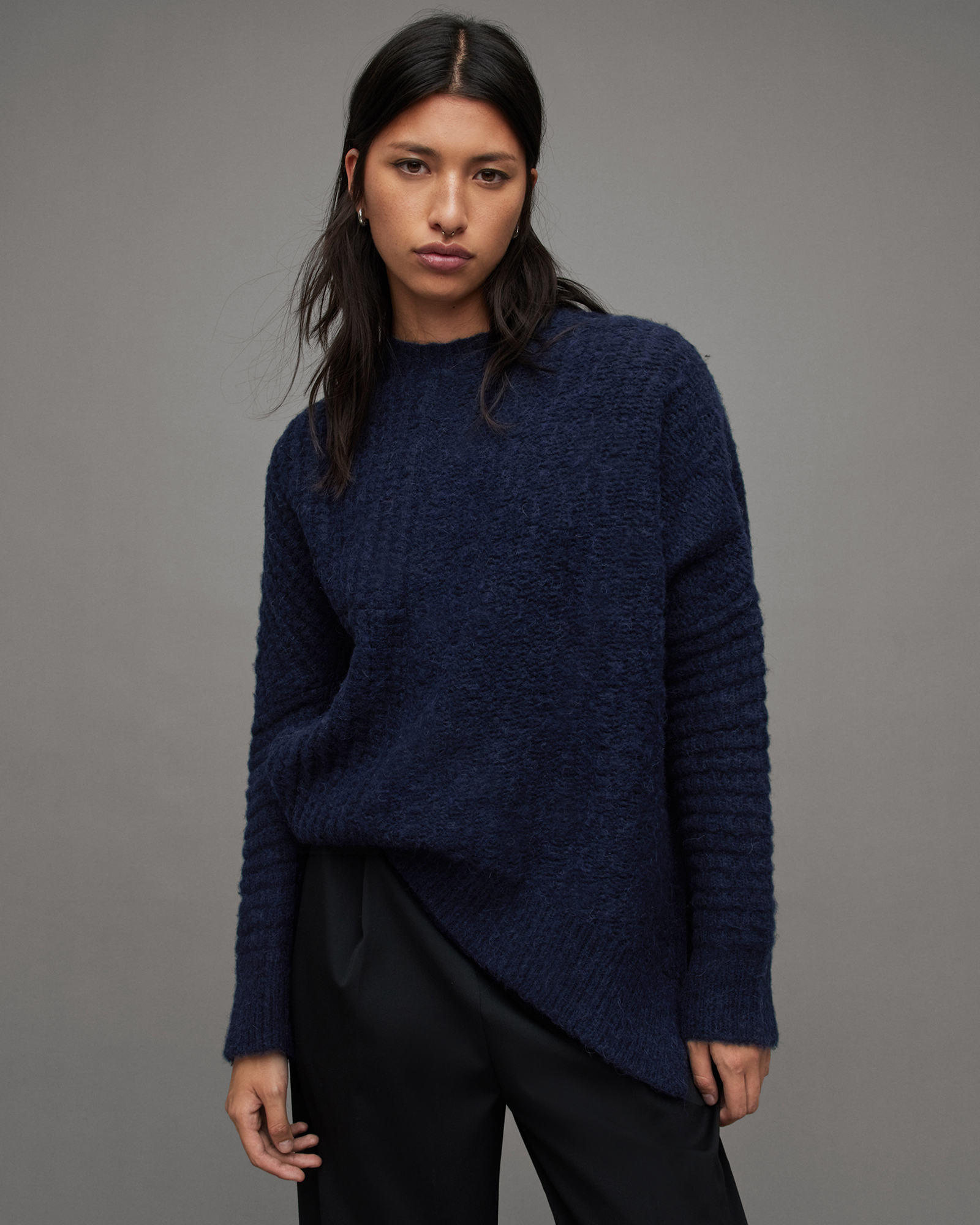 Selena Asymmetric Wool Blend Jumper Midnight Blue | ALLSAINTS Canada