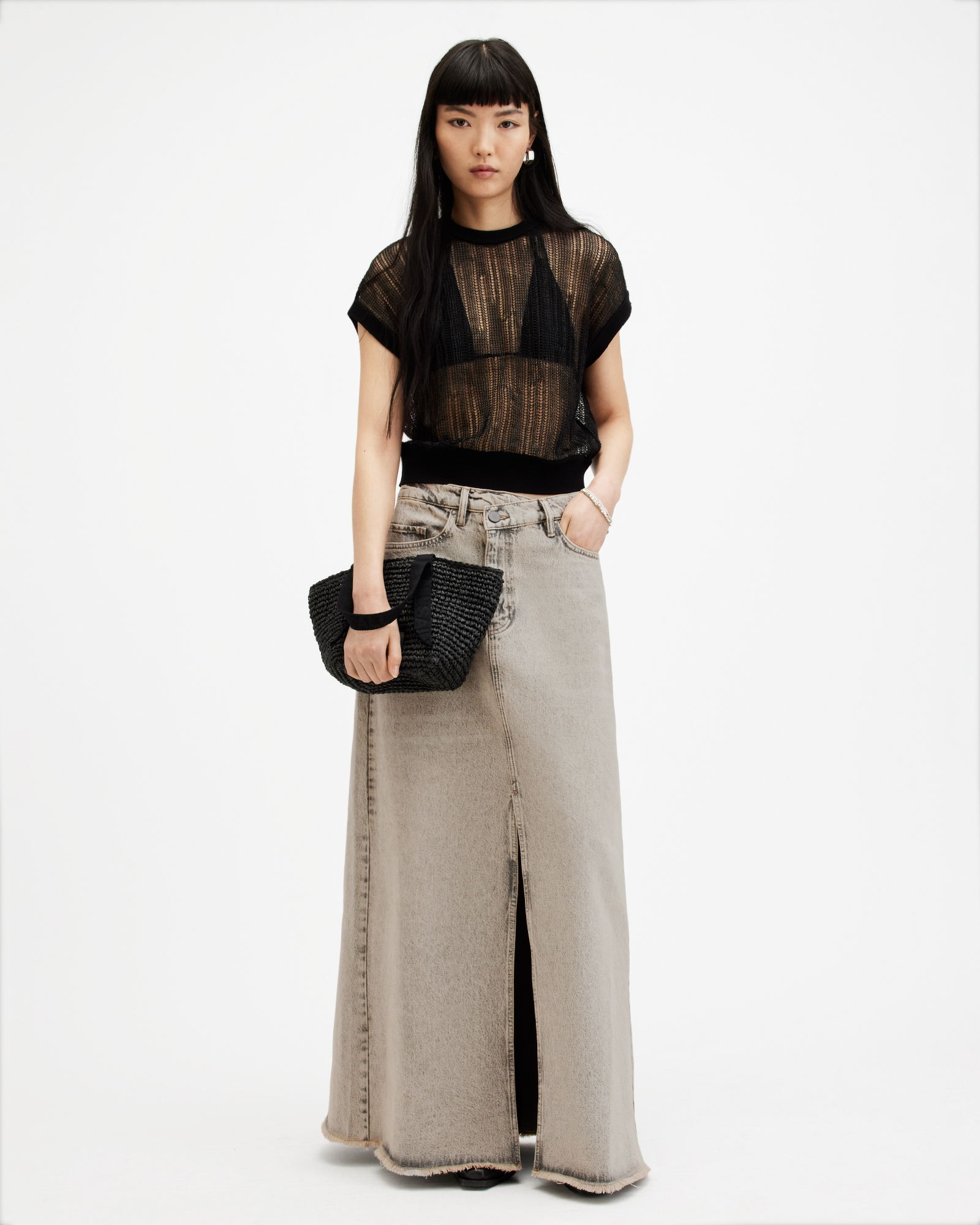 AllSaints Noir Crossover Waist Denim Maxi Skirt,, Sand Grey