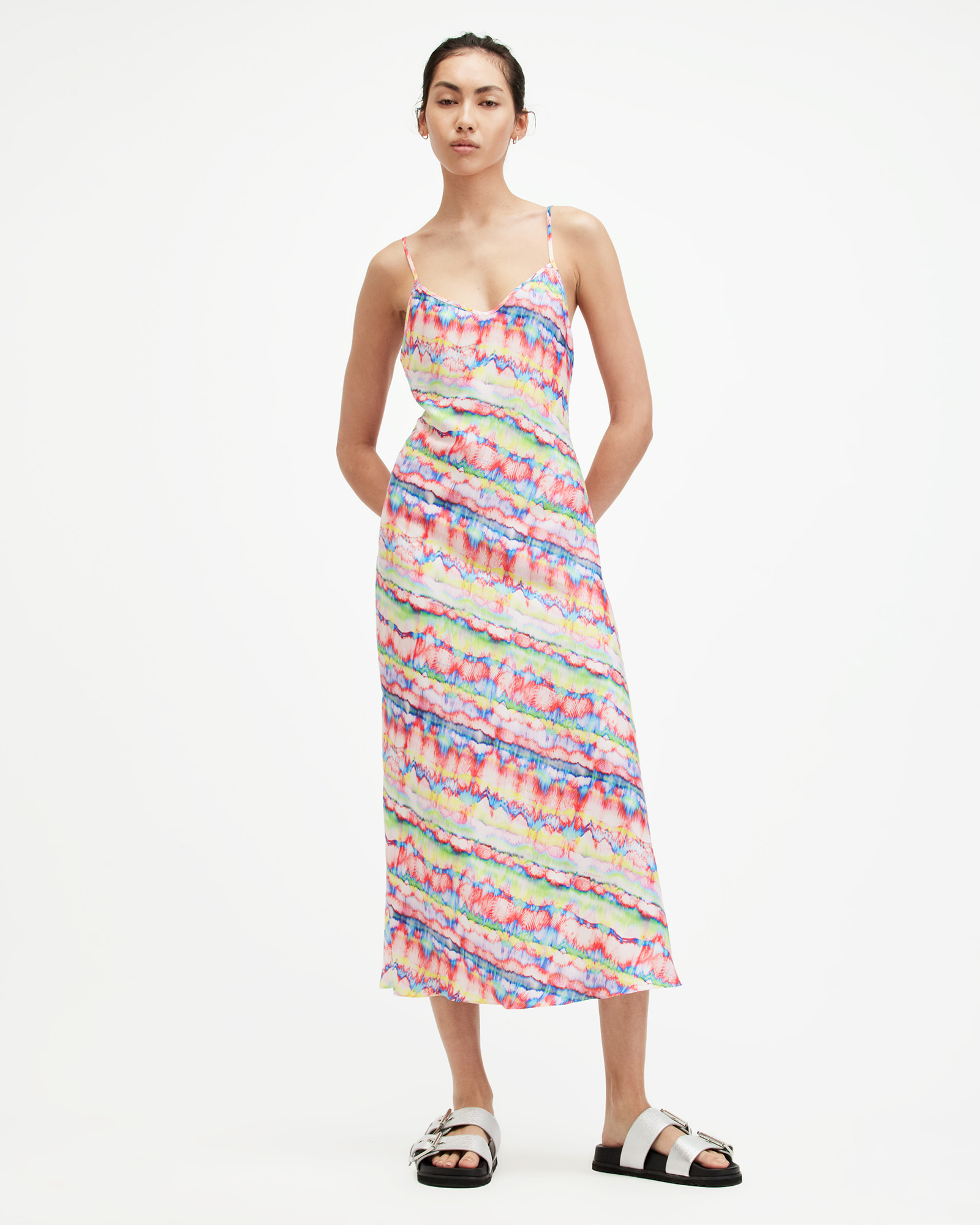 AllSaints Bryony RAINBOW Print Midi Slip Dress,, MULTI, Size: UK