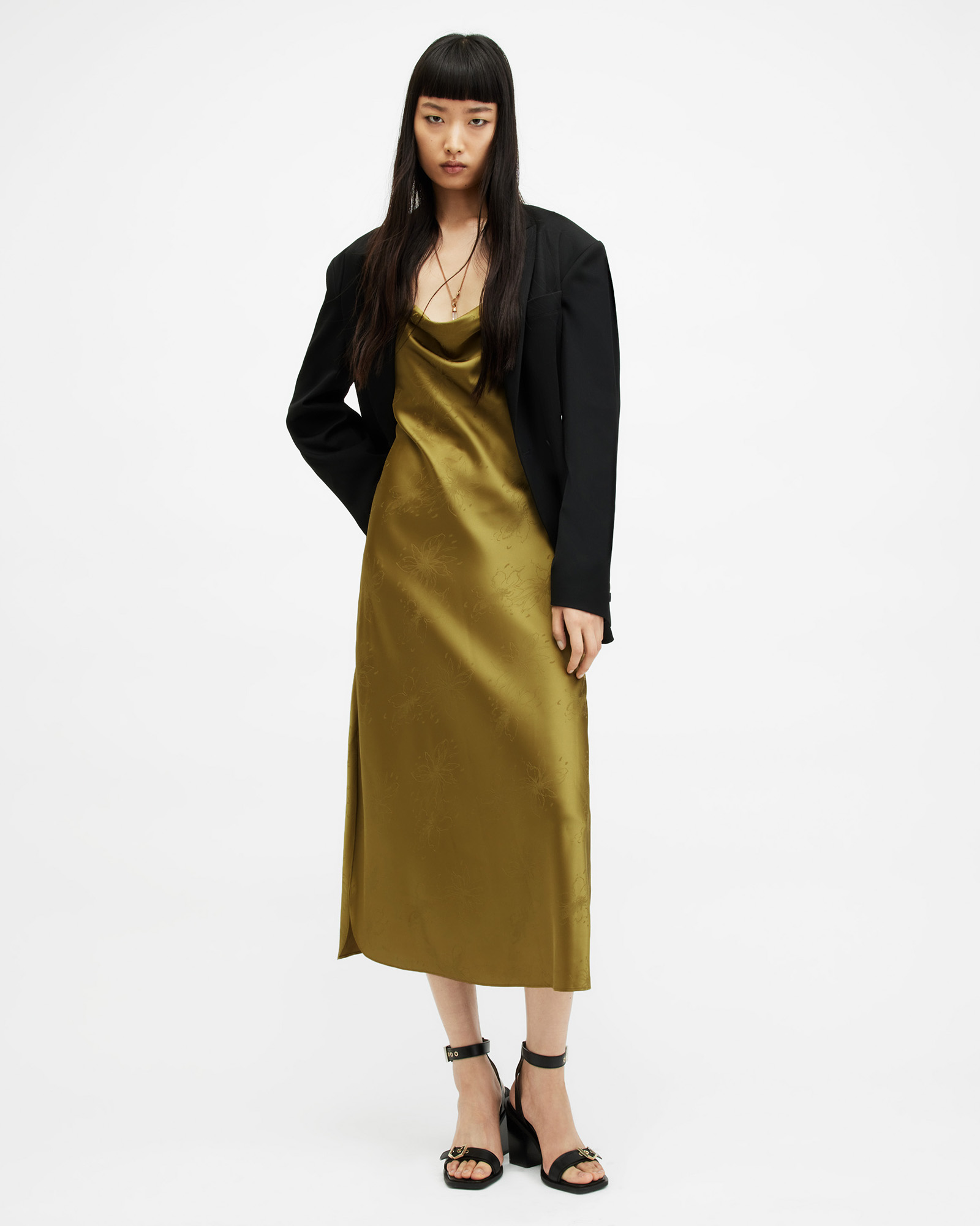 AllSaints Hadley Jacquard Slim Fit Midi Slip Dress,, SAP GREEN