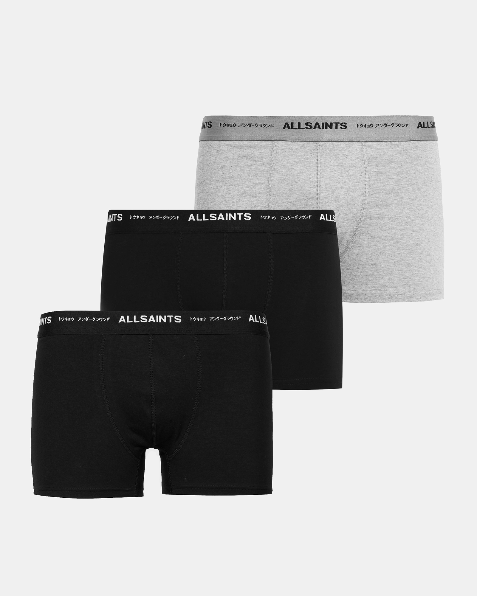Allsaints Underground Logo Boxer Pants 3 Pack In Jt Blk/grey/jt Blk
