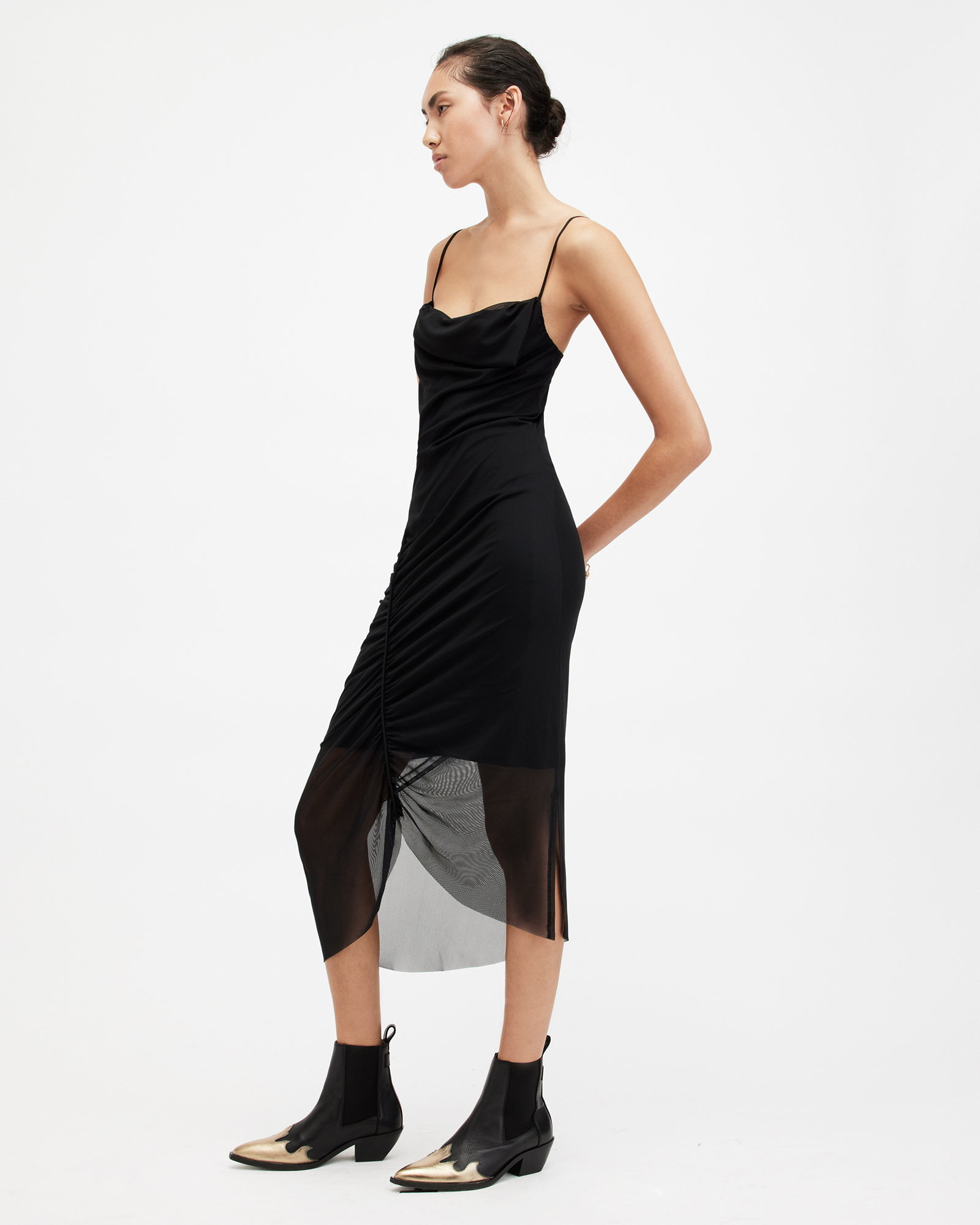 AllSaints Ulla Mesh Draped Slim Fit Midi Dress,, Black