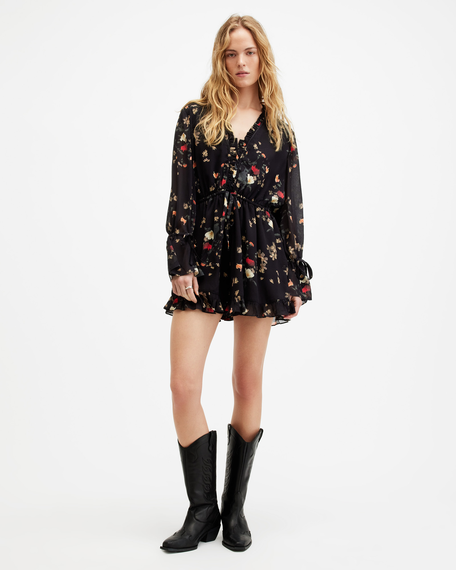 AllSaints Daria Floral Print Relaxed Fit Playsuit,, Black