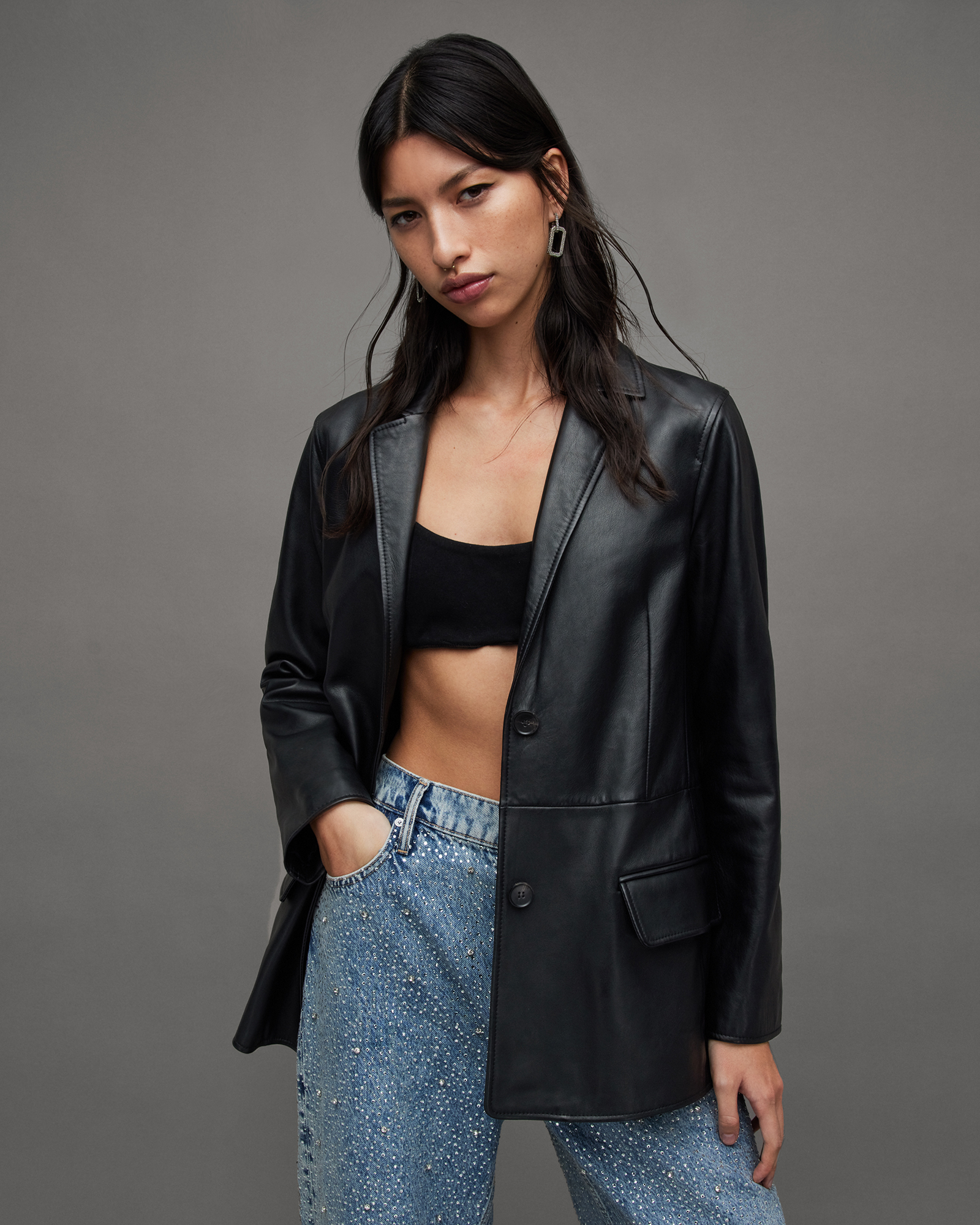 Orion Relaxed Fit Leather Blazer Black | ALLSAINTS
