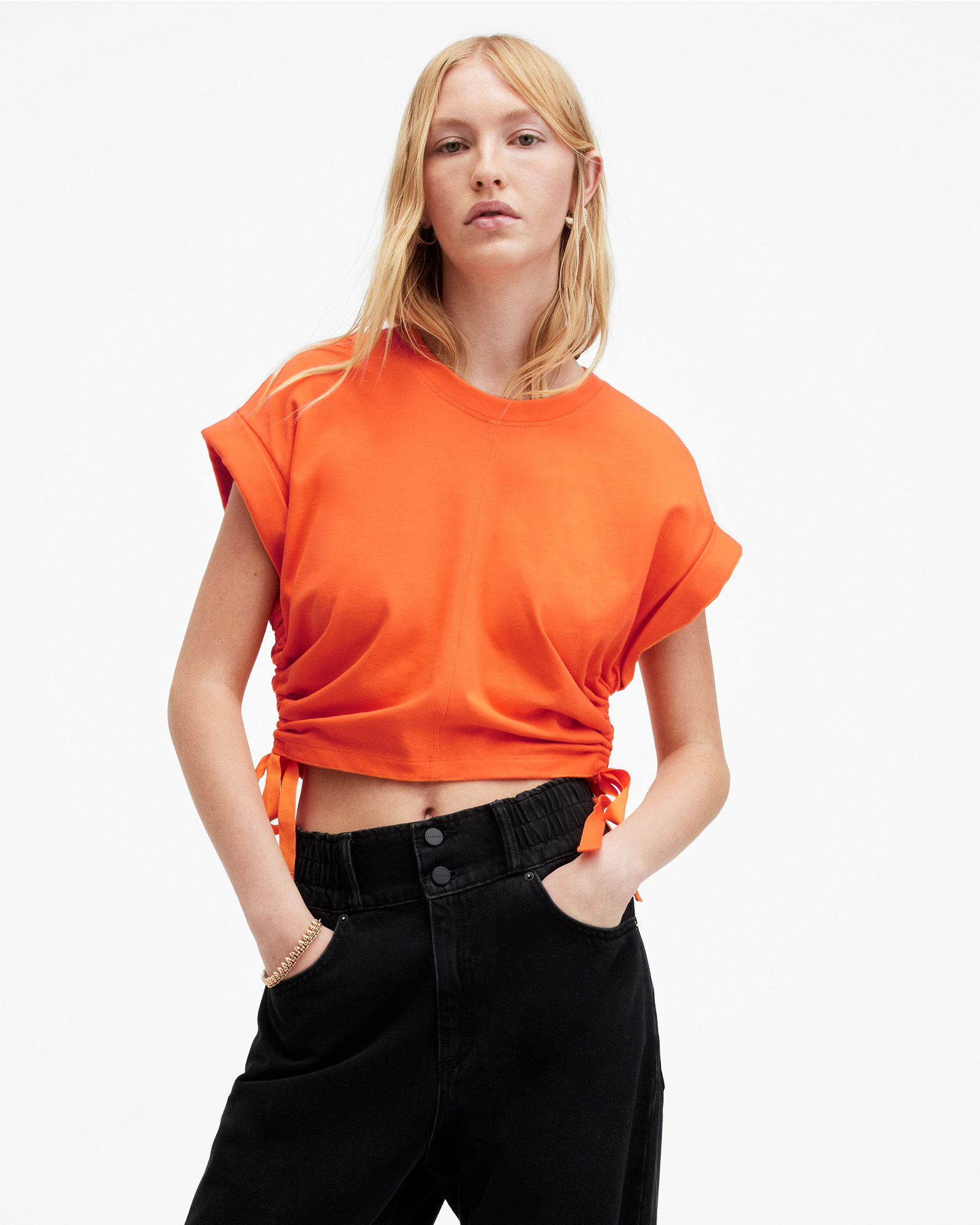 AllSaints Mira Cropped Side Drawcord T-Shirt,, ZESTY ORANGE