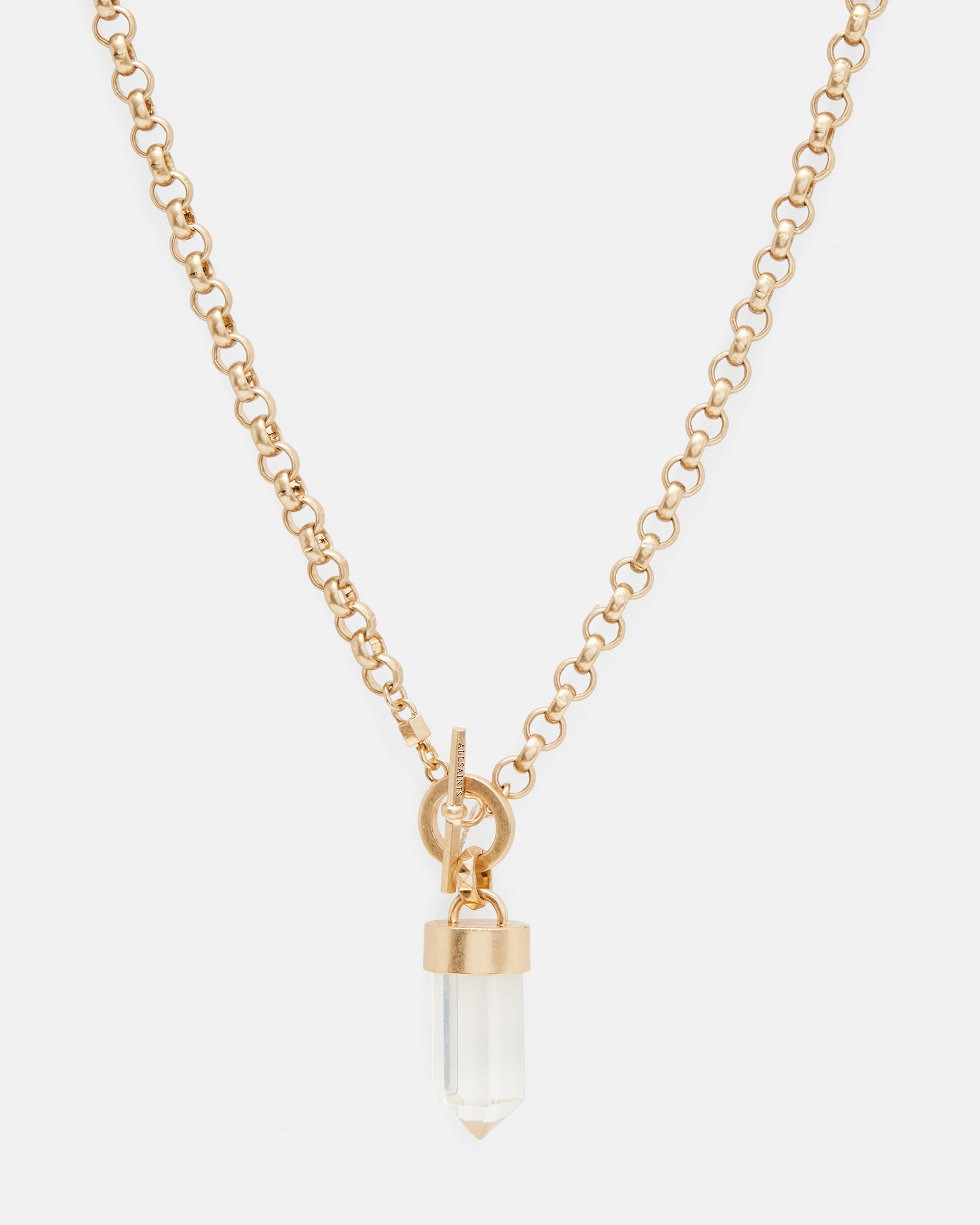Allsaints Eryka Gold Tone Pendant Necklace In Warm Brass/crystal