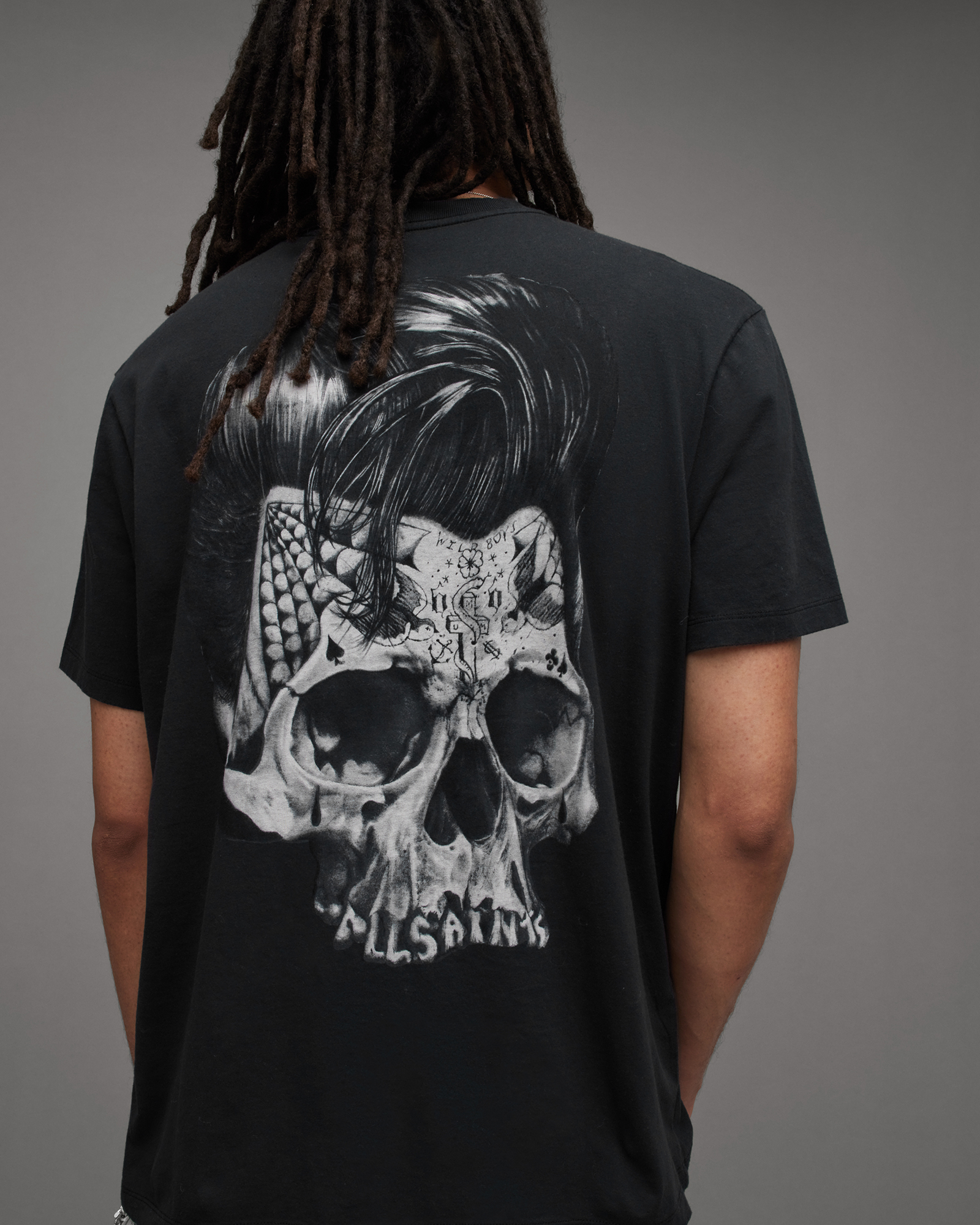 AllSaints Relics Retro Skull Print Crew T-Shirt,, Washed Black