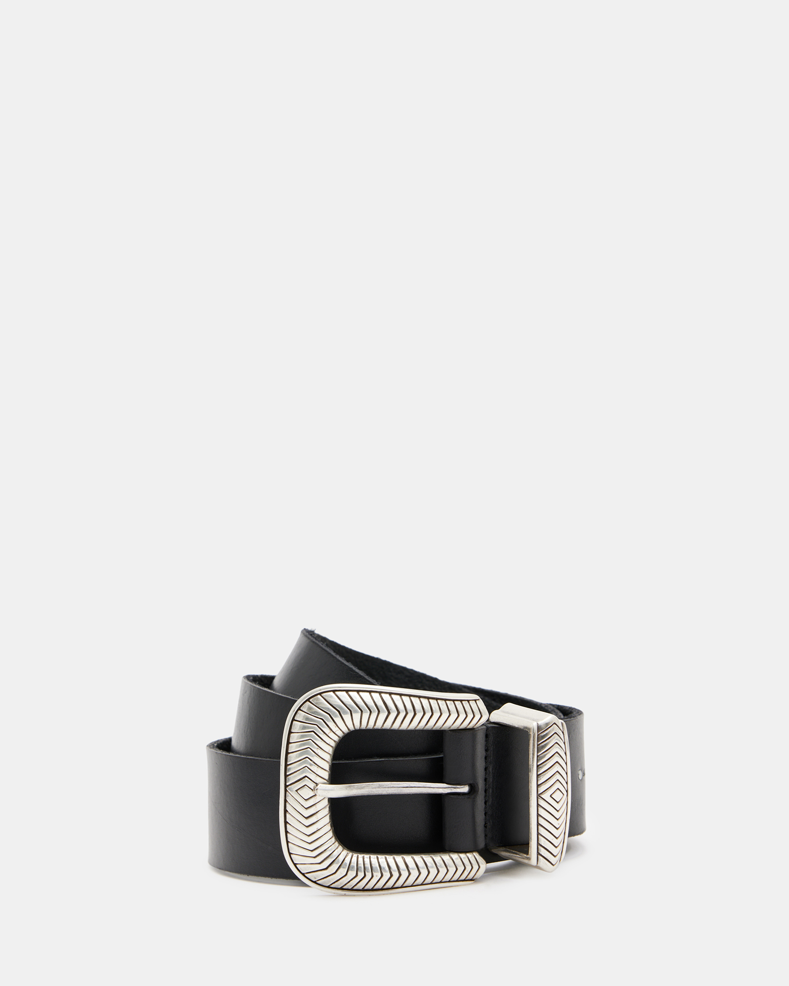 AllSaints Skylar Western Buckle Leather Belt,, BLACK/ANTQ NICKEL
