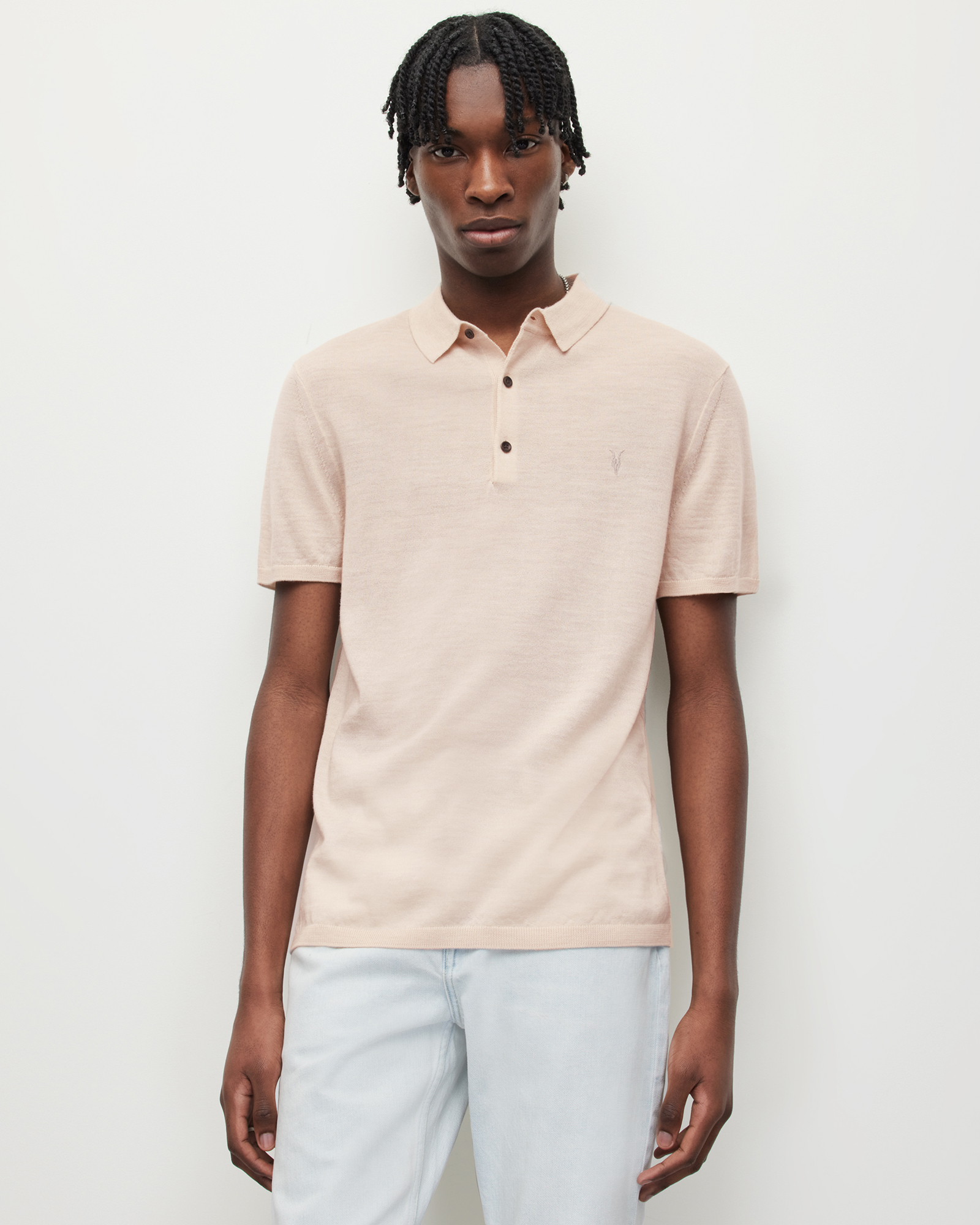 Allsaints Mode Merino Short Sleeve Polo Shirt In Biscuit Taupe Marl