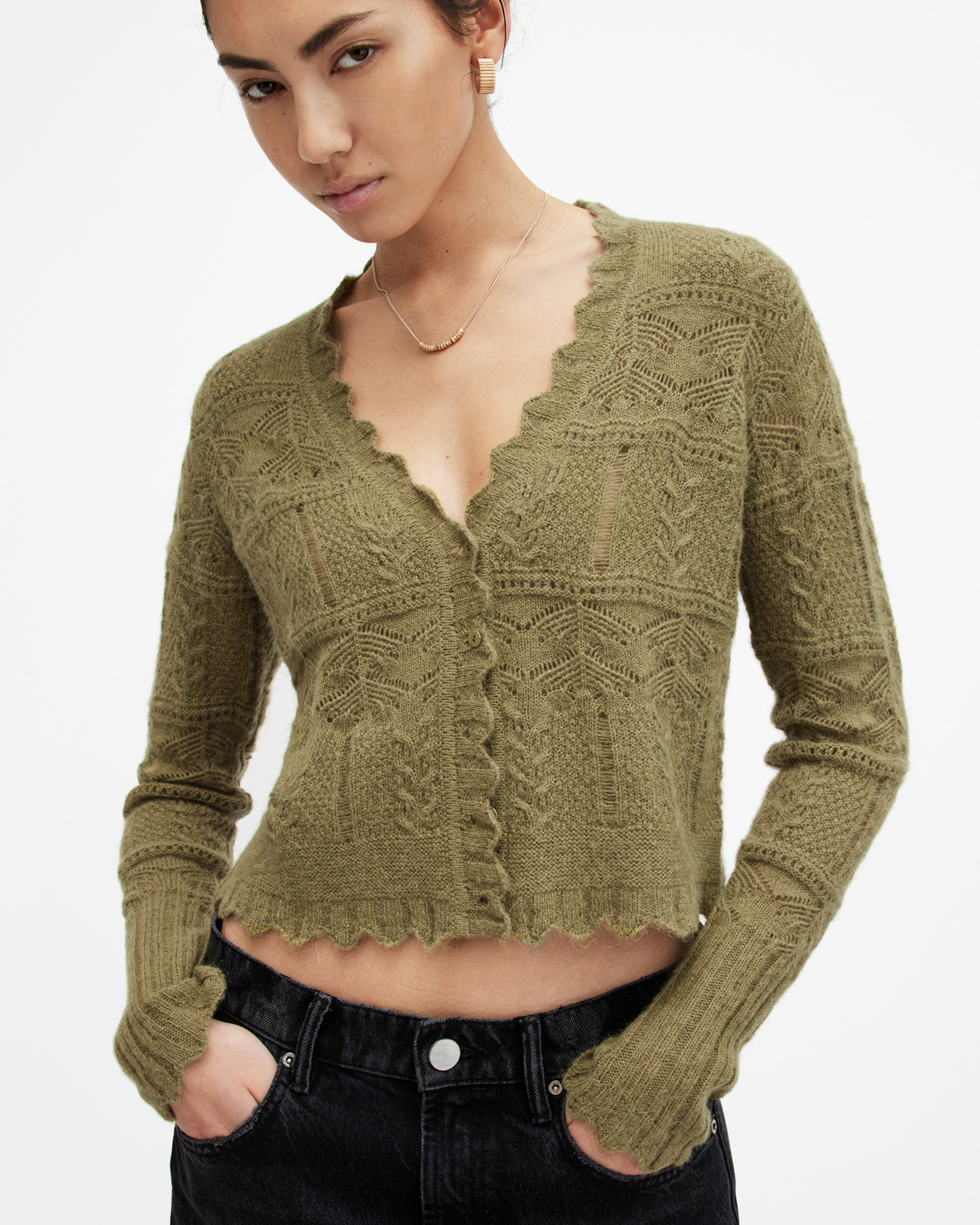 Shop Allsaints Vanessa Lace Stitched Cardigan In Grass Green