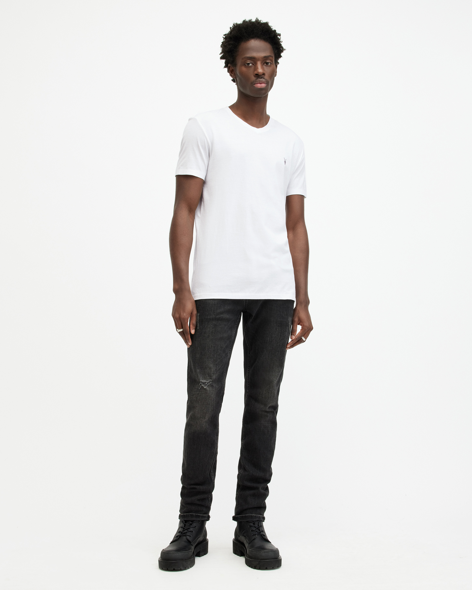AllSaints Tonic V-Neck Slim Fit Ramskull T-Shirt,, Optic White