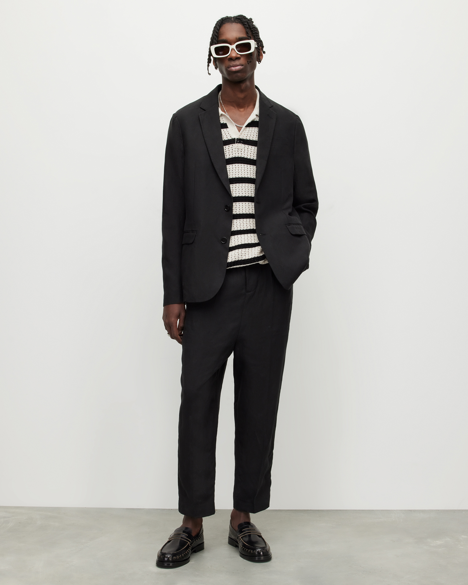 Allsaints Pace Linen Blend Cropped Slim Trousers,, Black, Size: 28