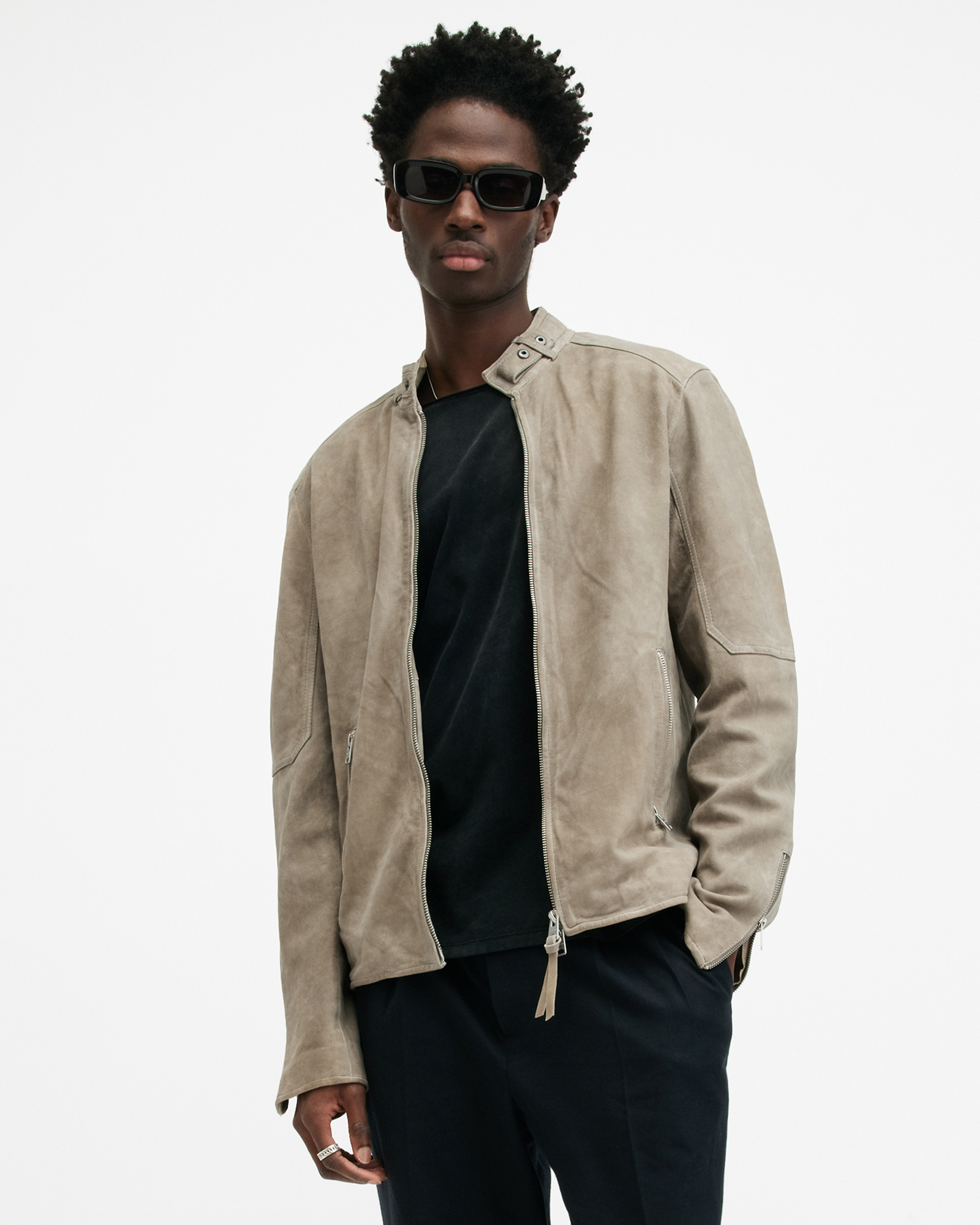 Shop Allsaints Cora Suede Snap Back Collar Jacket In Frosted Taupe