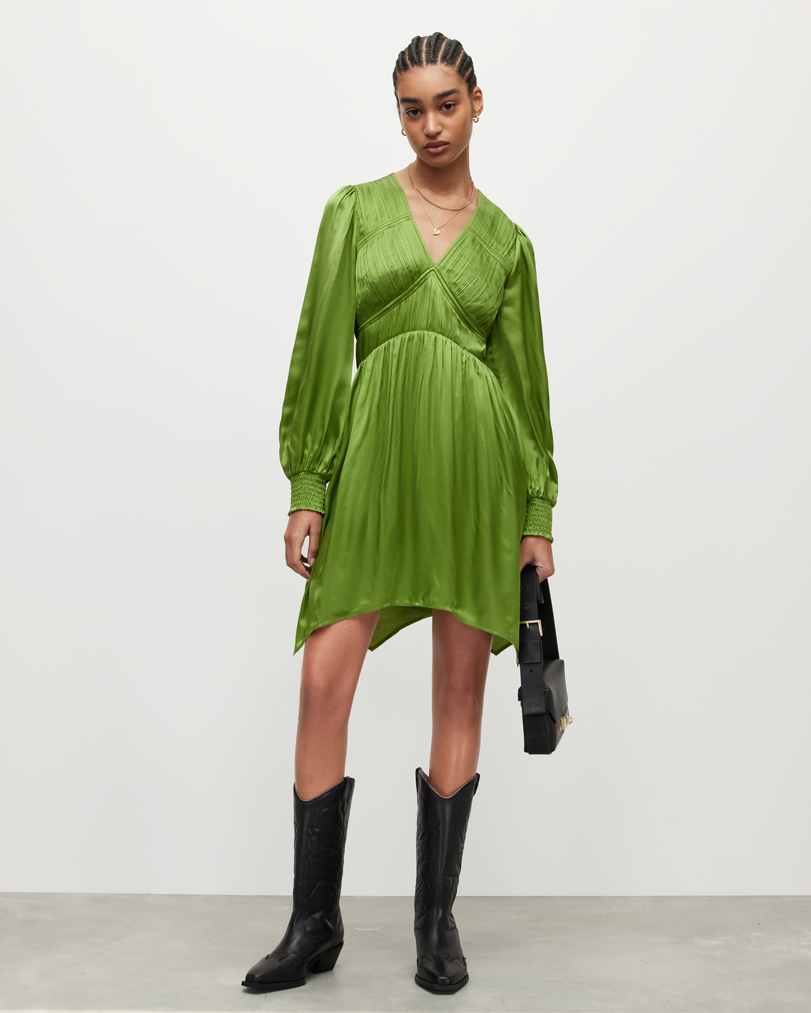 Allsaints Esta Silk Blend Mini Dress,, Cactus Green, Size: 6
