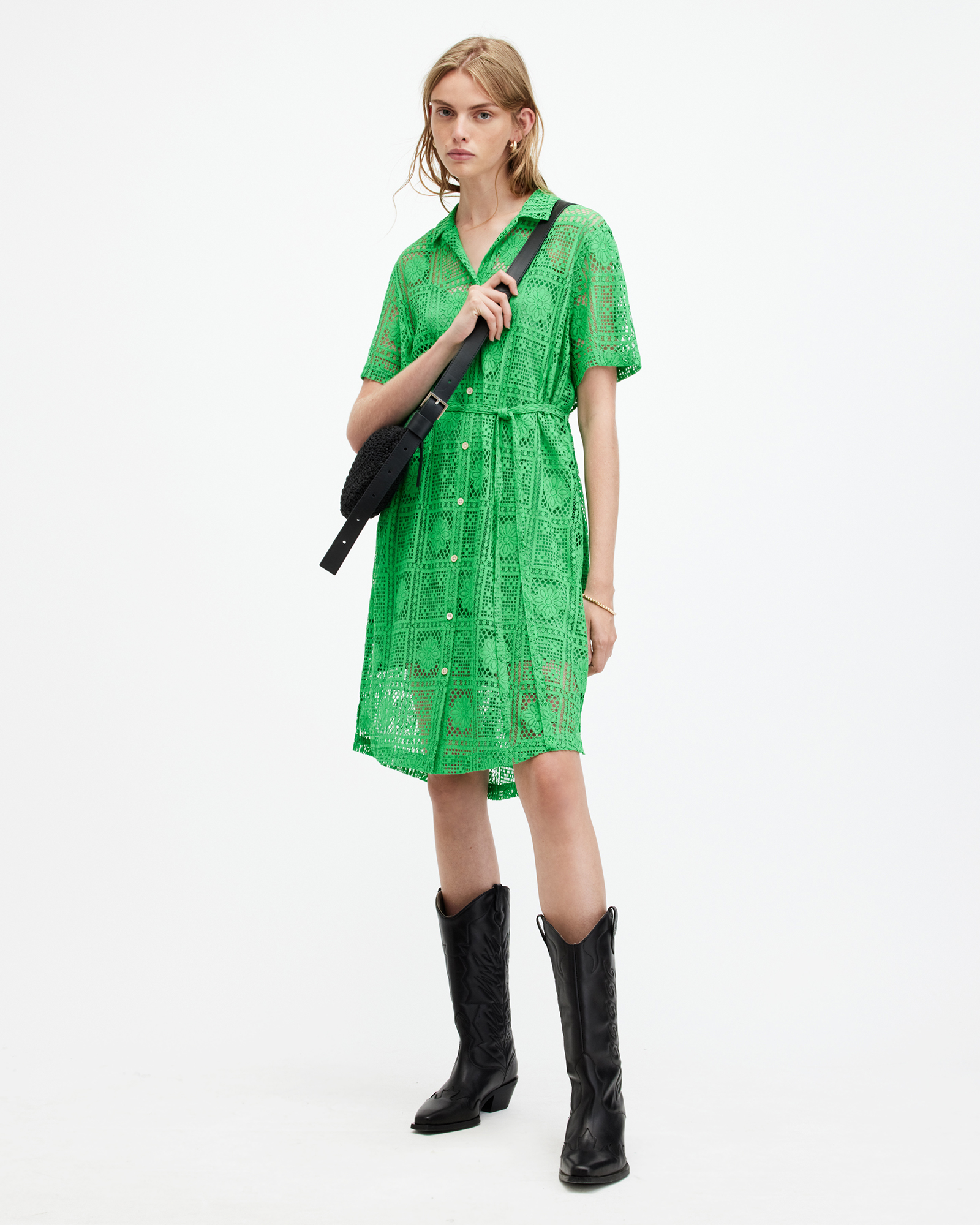 Shop Allsaints Athea Crochet Mini Shirt Dress In Spectra Green
