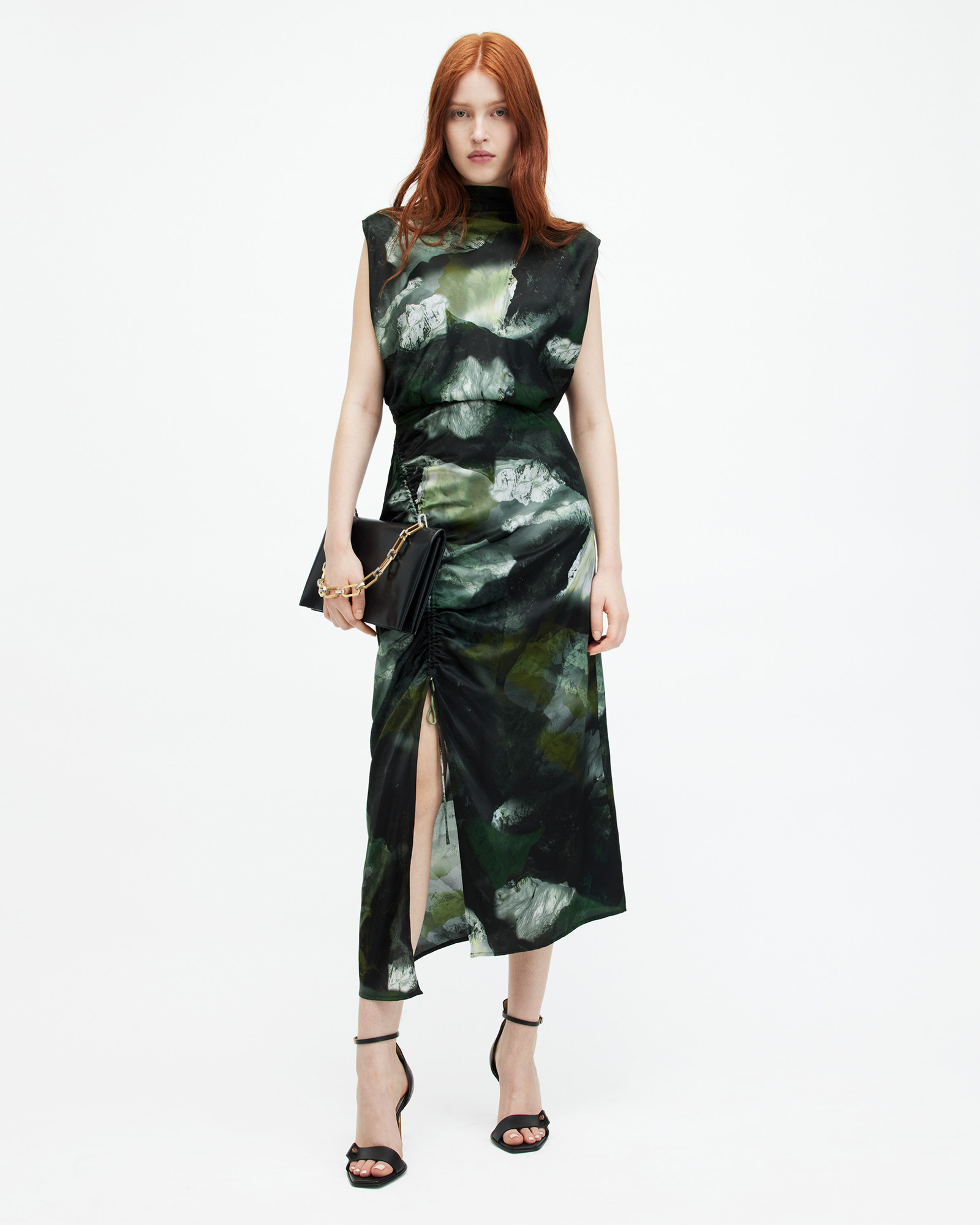 AllSaints Isa Silk Blend Camo Print Midi Dress,, KHAKI GREEN