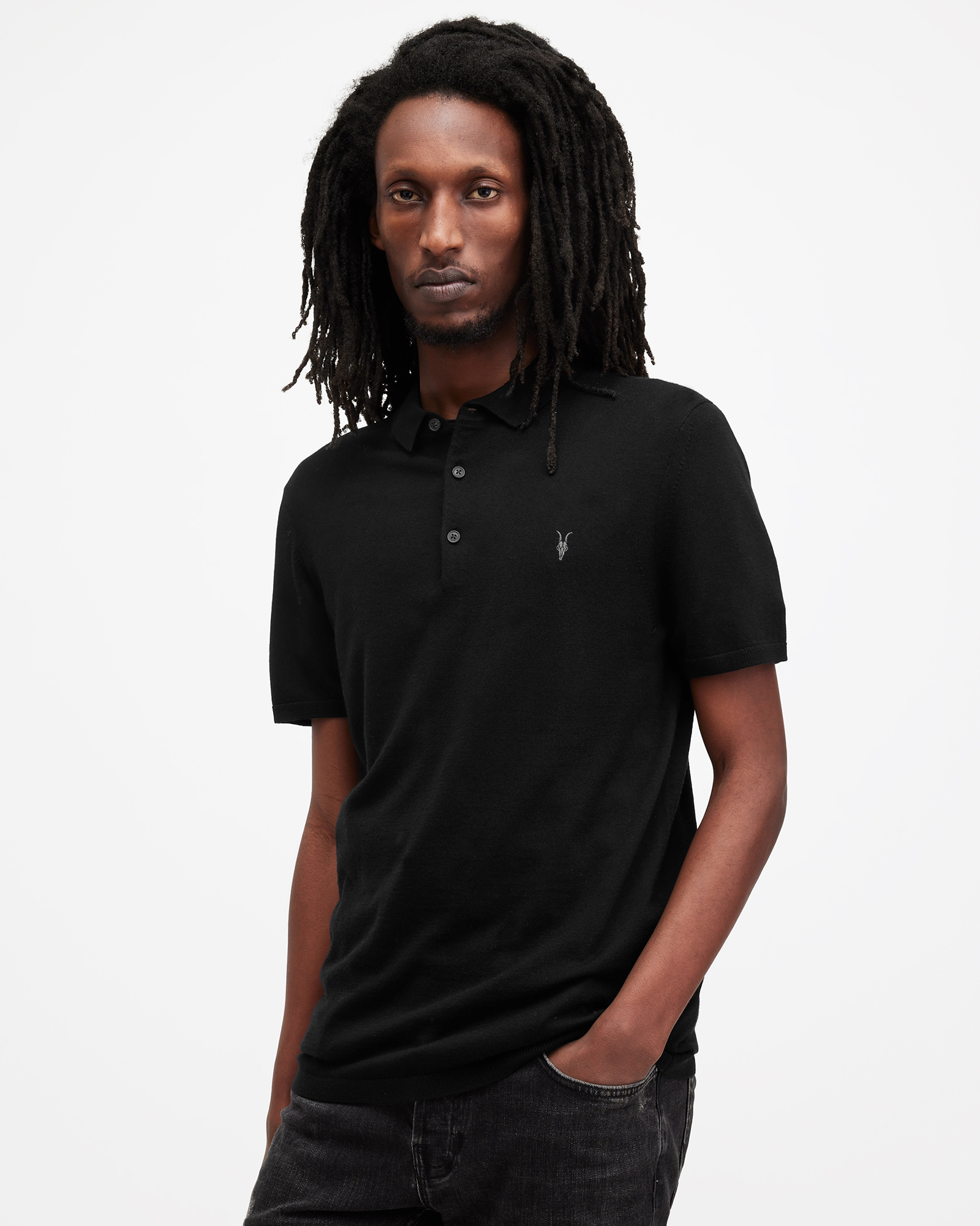 AllSaints Men's Merino Wool Slim Fit Mode Short Sleeve Polo Shirt, Black, Size: L