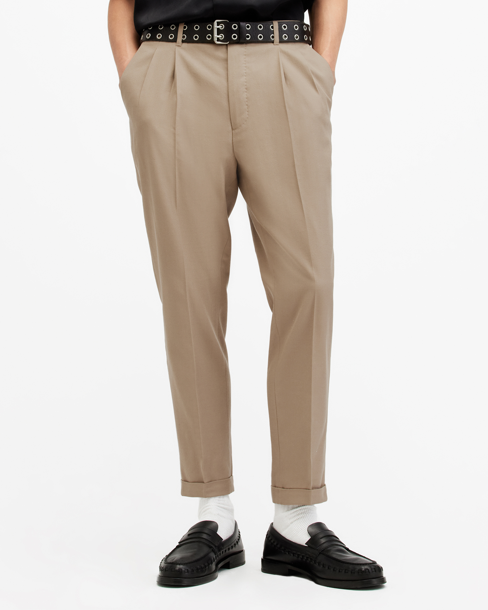AllSaints Tallis Slim Fit Cropped Tapered Trousers,, MOORLAND BROWN