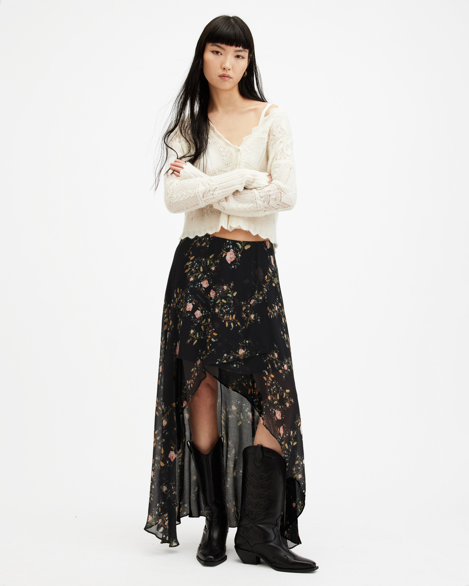 AllSaints Slvina Oto Floral Asymmetric Maxi Skirt,, Black