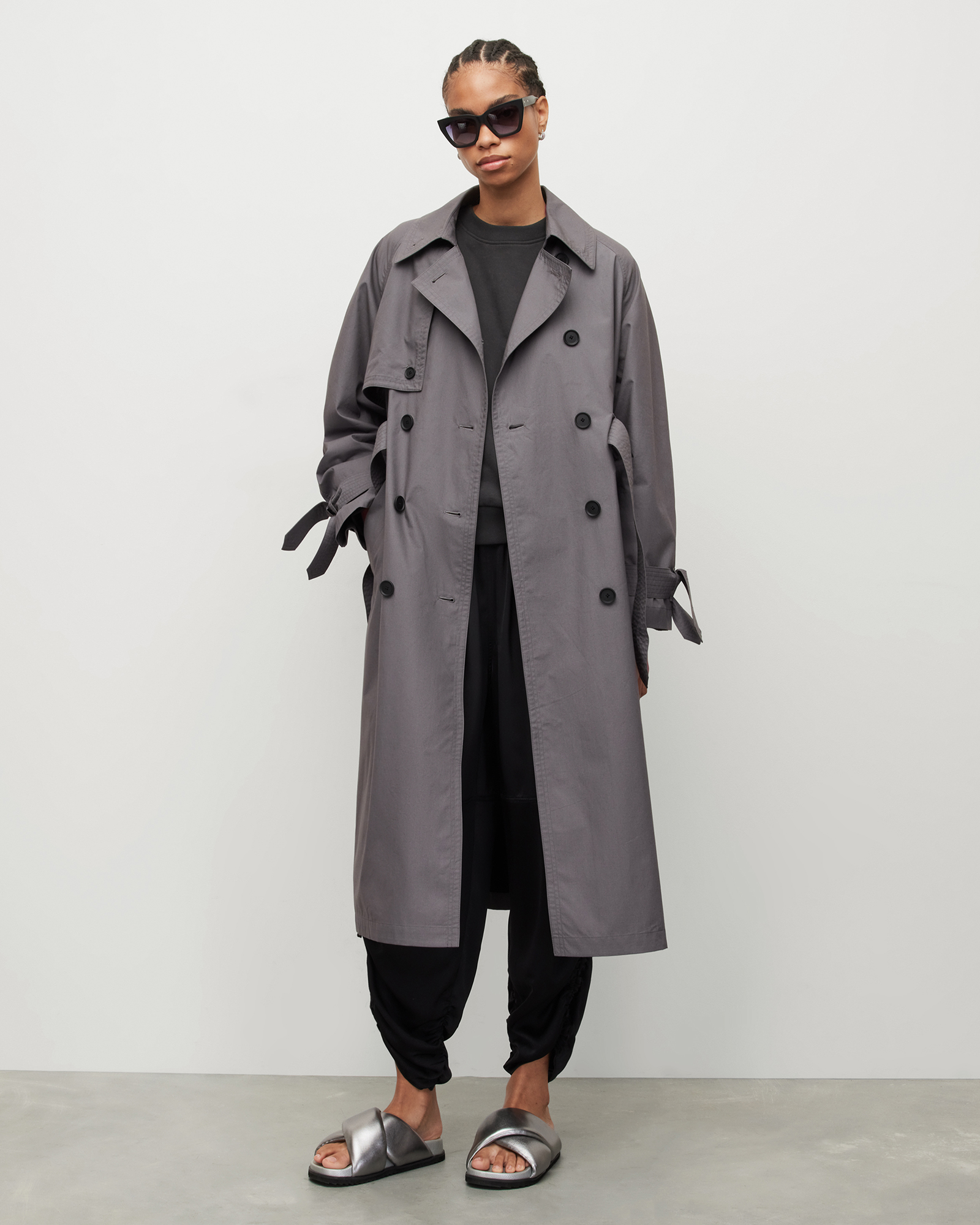 Elltee Double Breasted Trench Coat Grey | ALLSAINTS