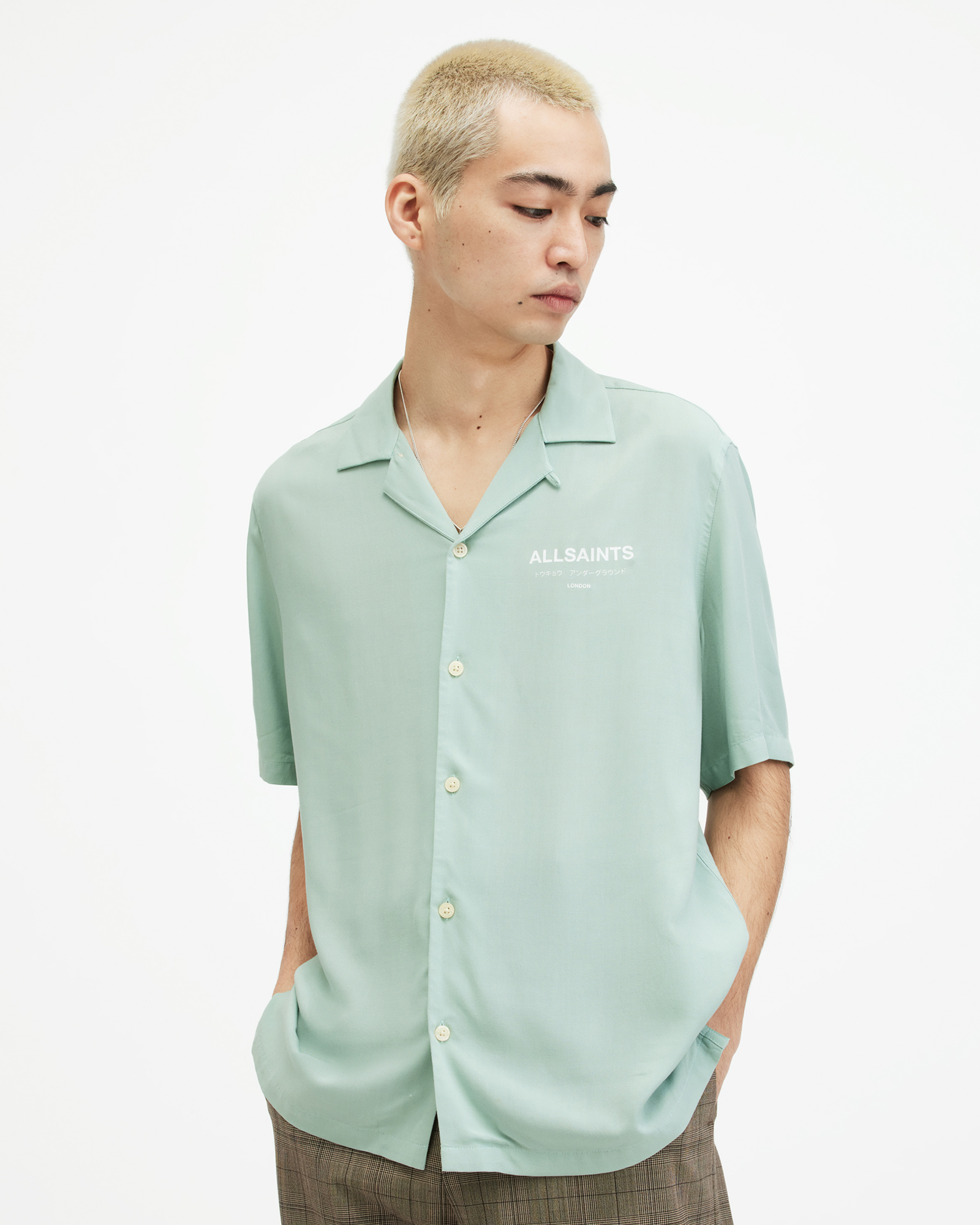 AllSaints Underground Logo Relaxed Fit Shirt,, TEAL GREEN