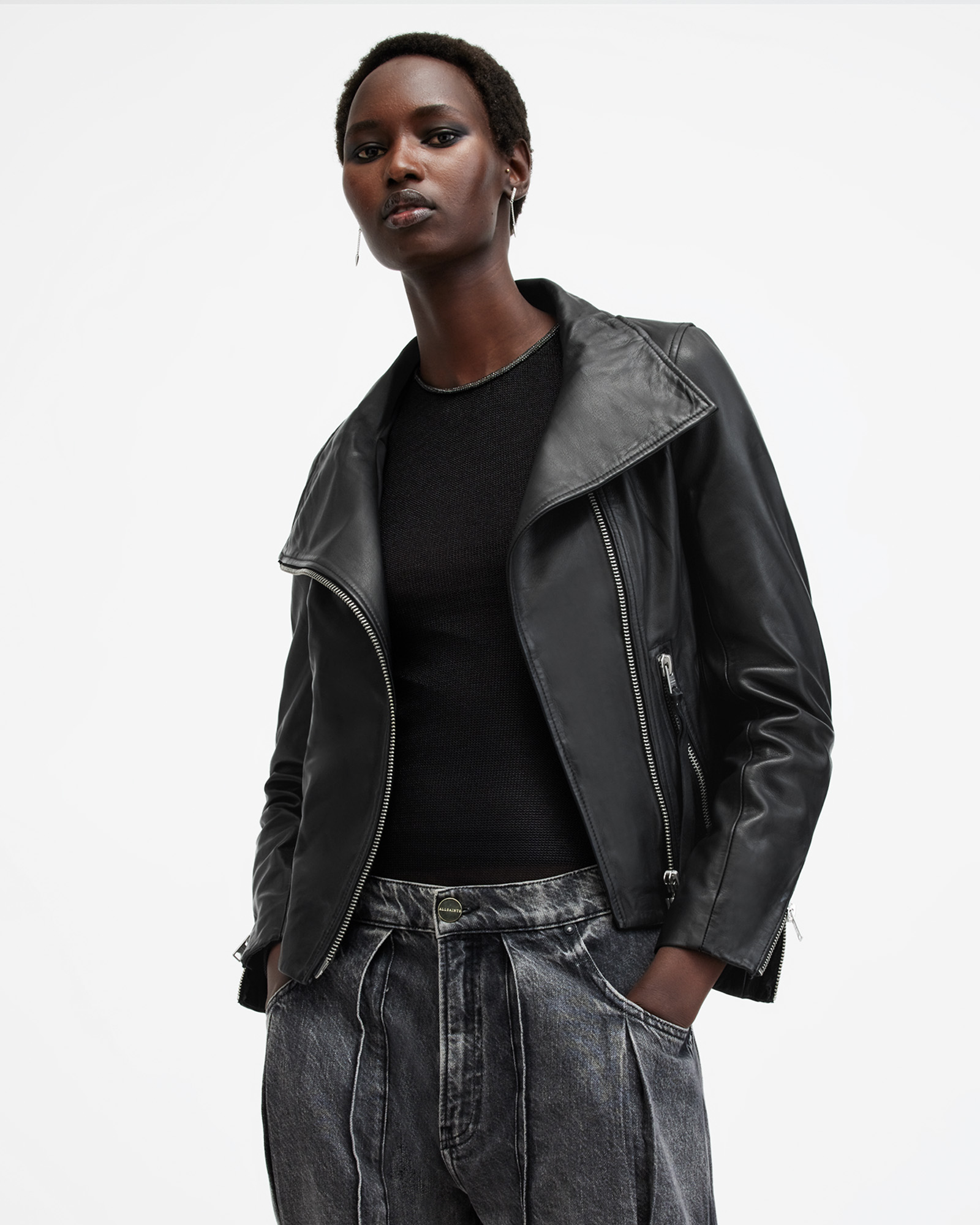 Ellis Leather Funnel Neck Biker Jacket Black | ALLSAINTS