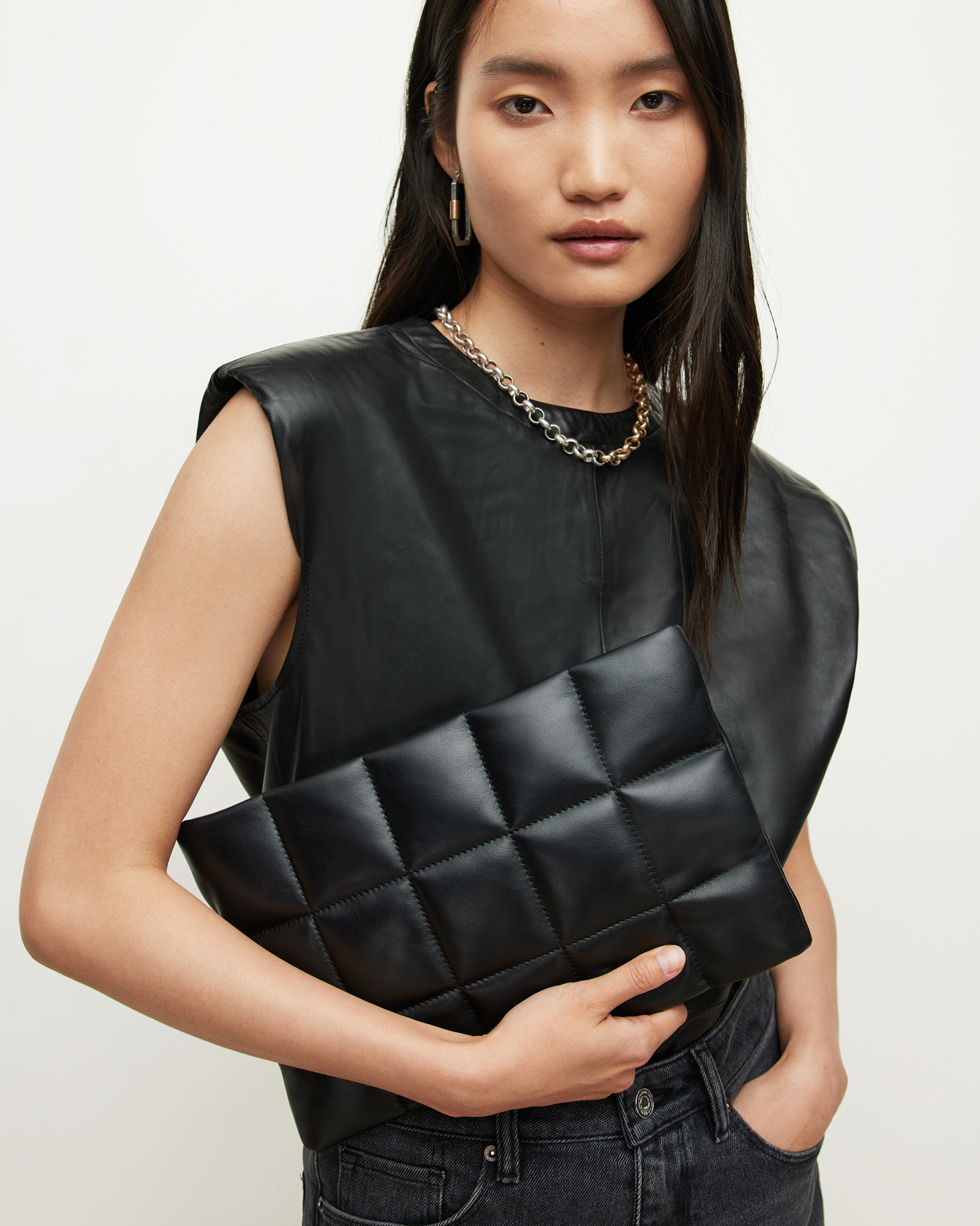 AllSaints Bettina Leather Quilted Clutch Bag,, Black