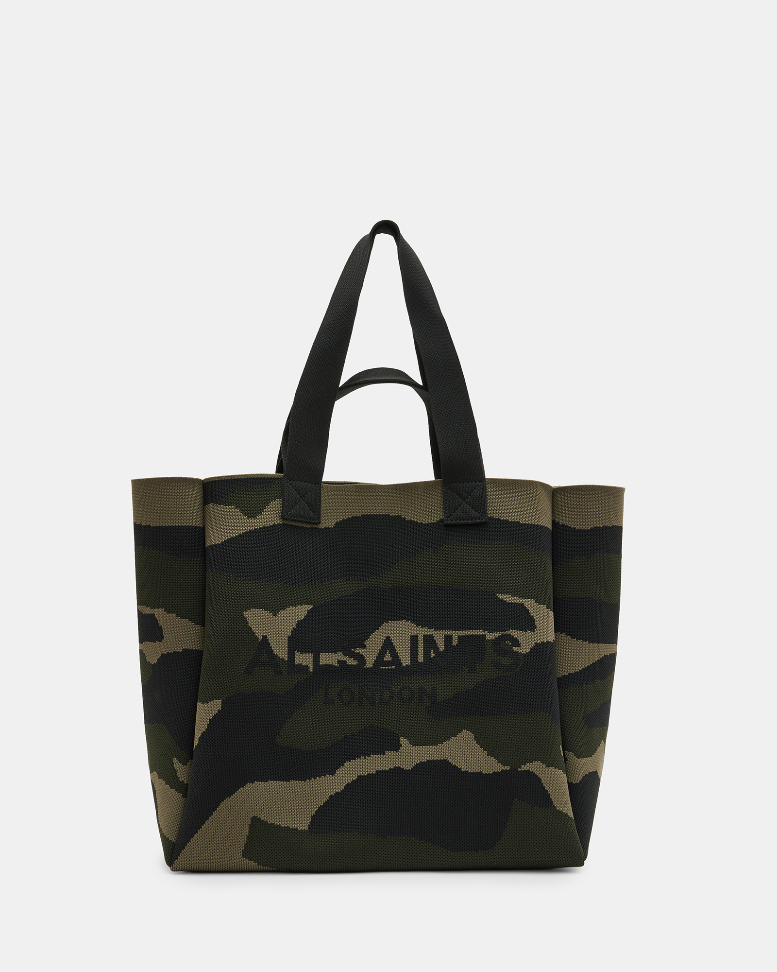 AllSaints Izzy Logo Print Knitted Tote Bag,, CAMO GREEN