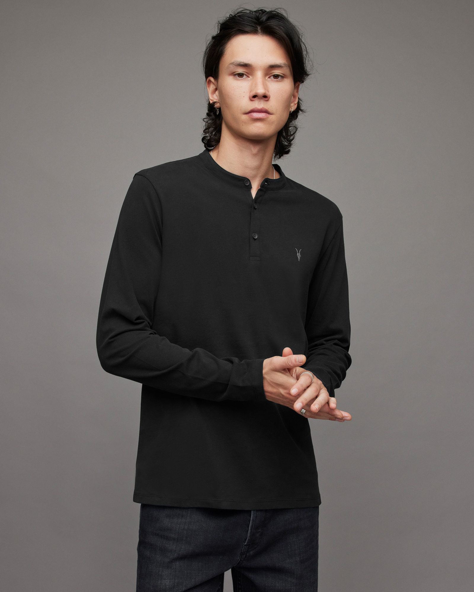 AllSaints Men's Cotton Brace Long Sleeve Henley T-Shirt, Black, Size: XS