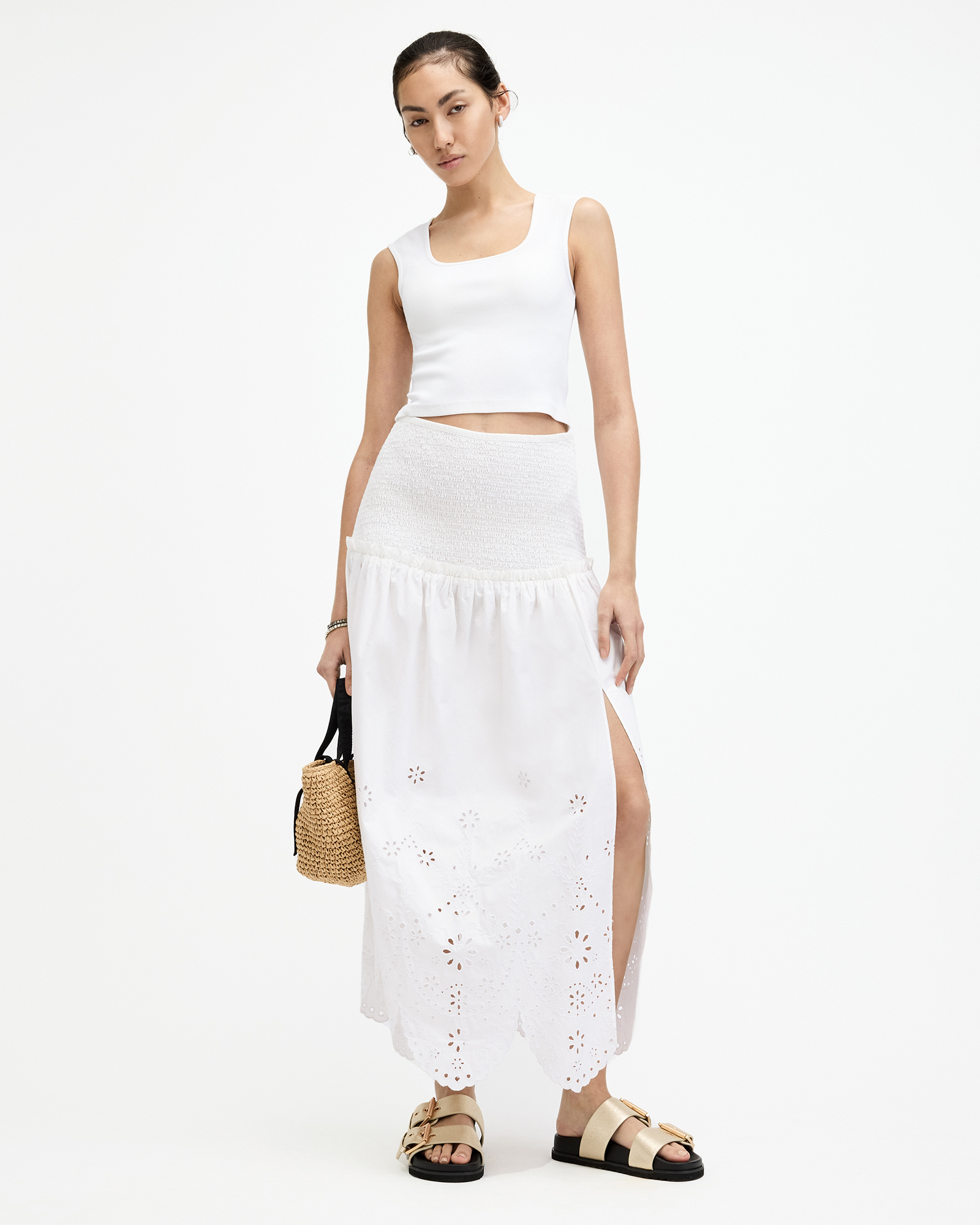 AllSaints Alex Embroidered Broderie Midi Skirt,, Off White