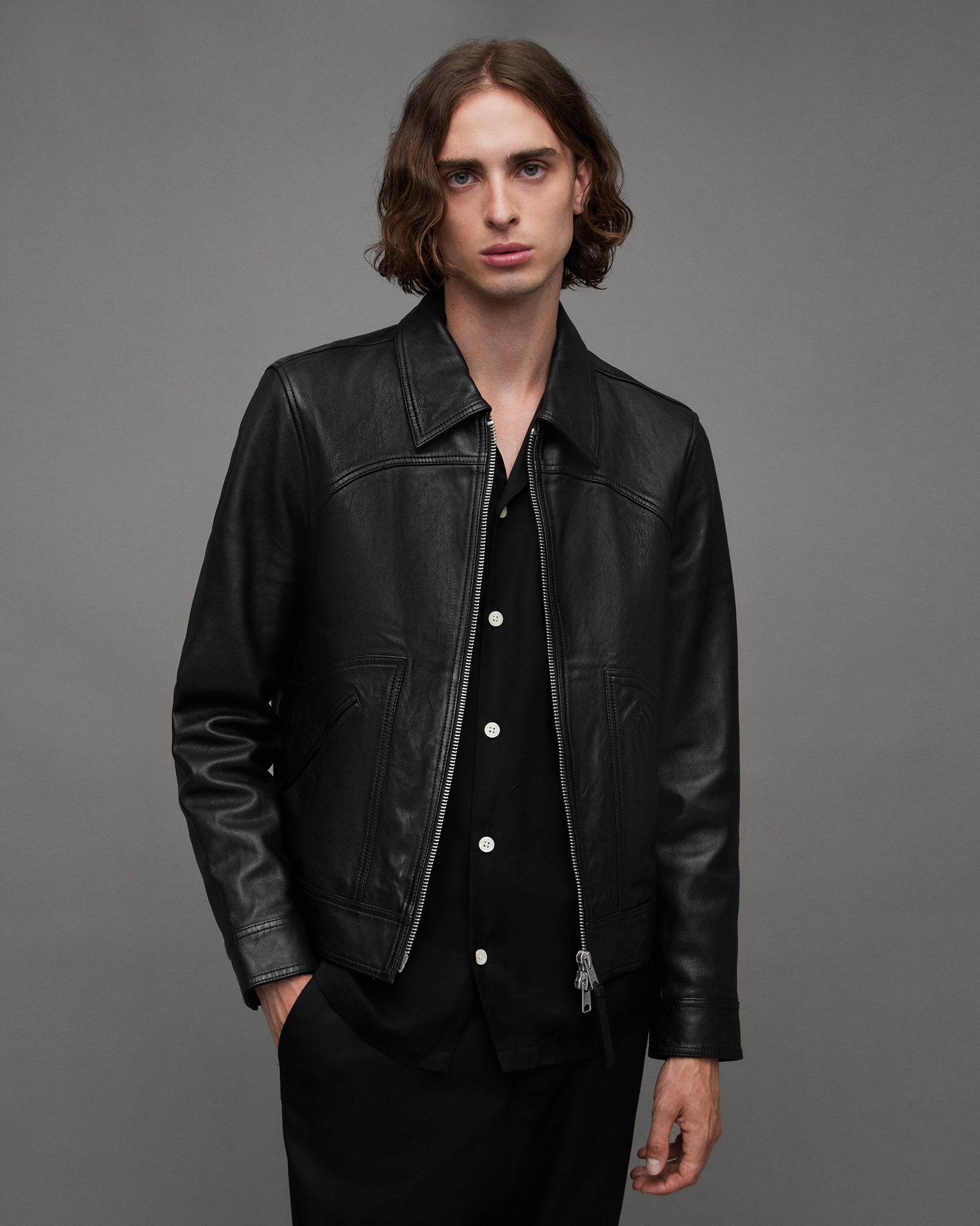 Jun Boxy Cropped Leather Jacket Black | ALLSAINTS