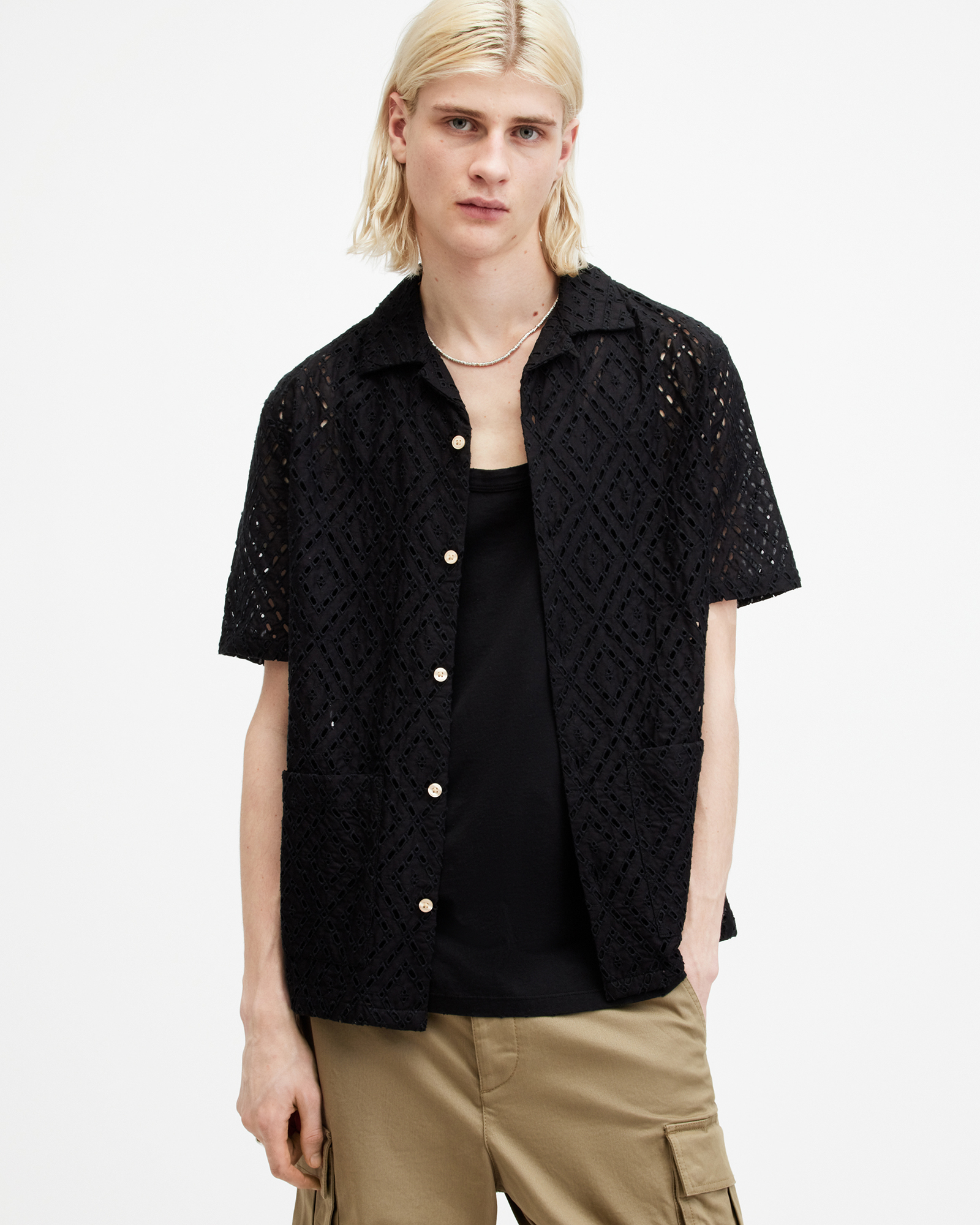 AllSaints Quinta Broderie Relaxed Fit Shirt,, Jet Black