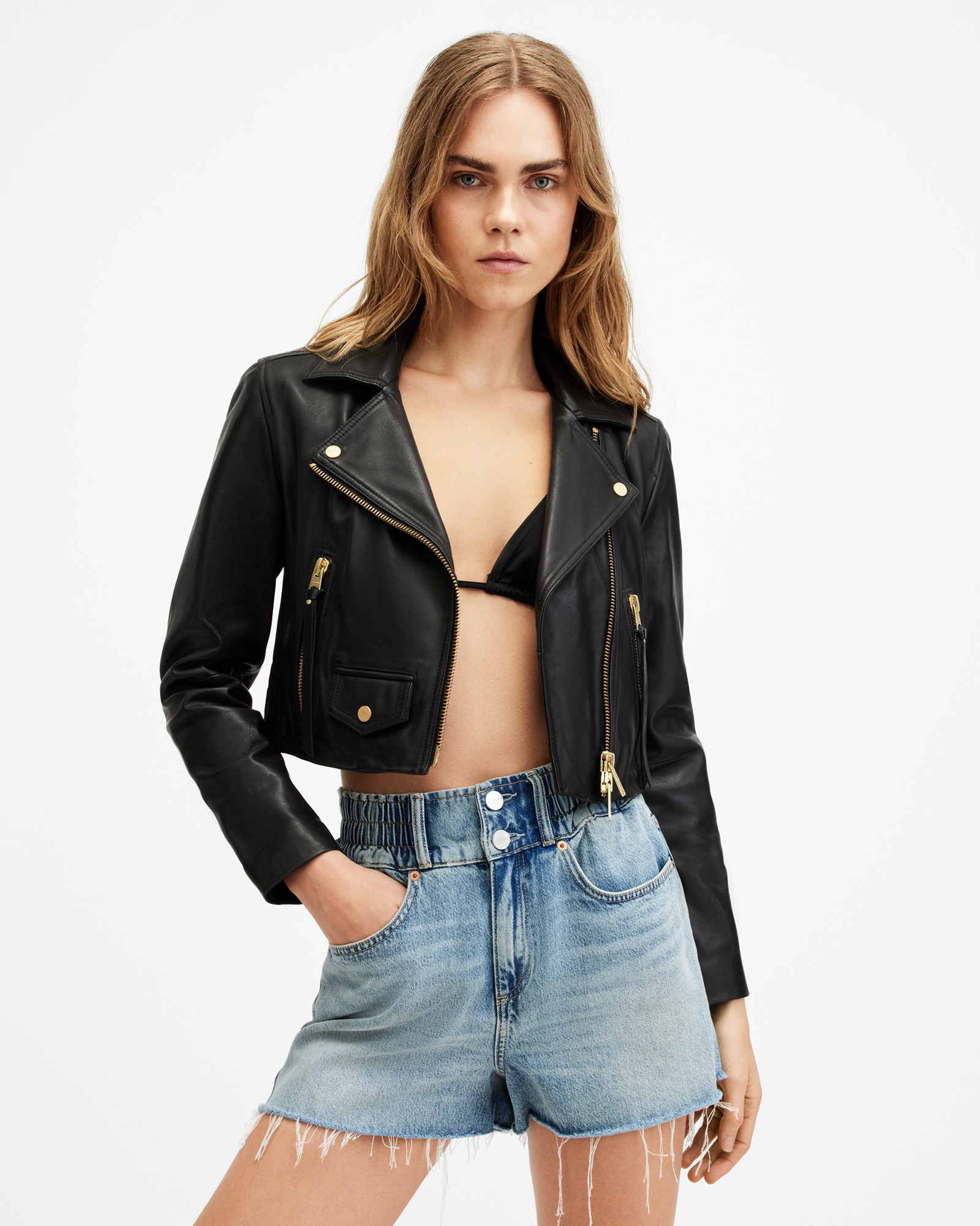 AllSaints Elora Cropped Leather Biker Jacket,, Black, Size: