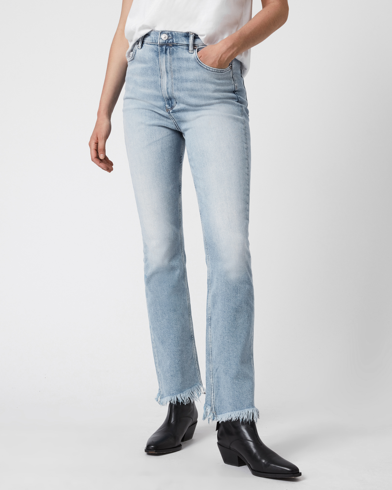 AllSaints Women's Cotton Ciara High-Rise Bootcut Jeans, Blue, Size: 26