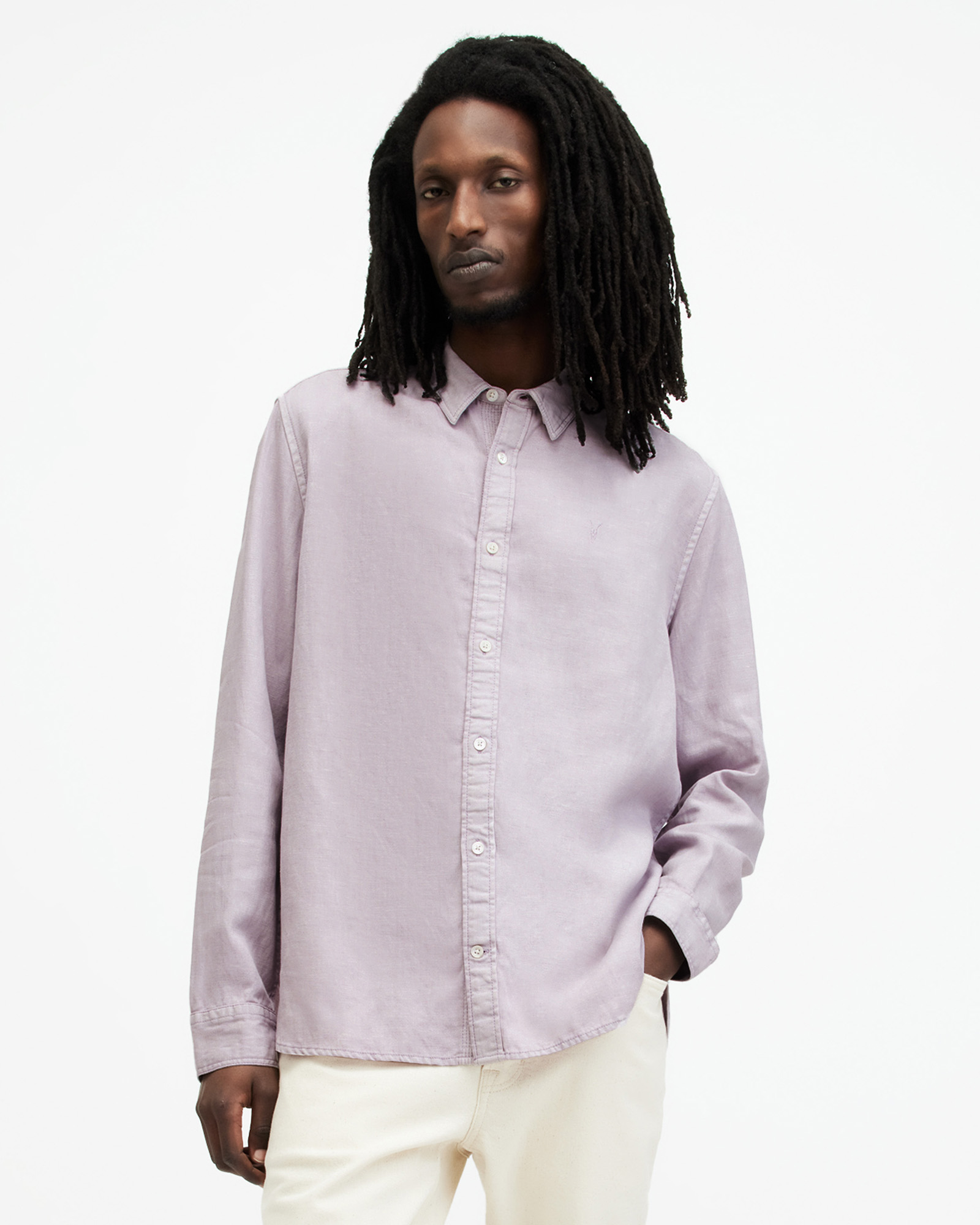 Shop Allsaints Laguna Linen Blend Shirt In Smokey Lilac