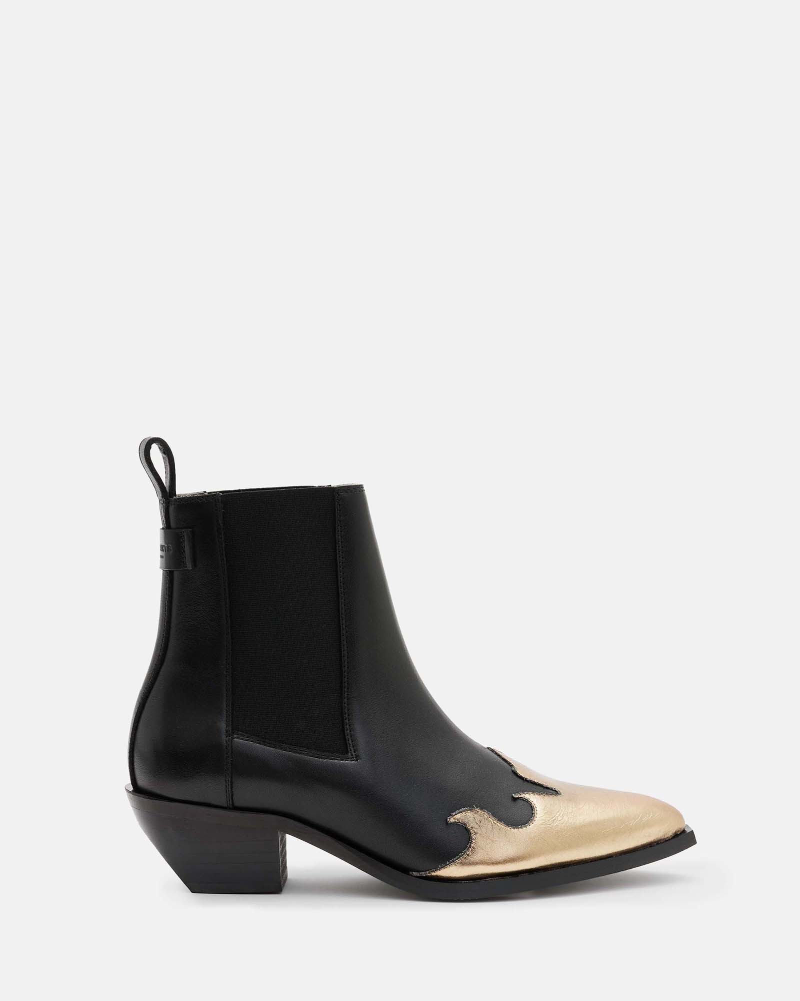 Shop Allsaints Dellaware Pointed Leather Western Boots In Black/gold