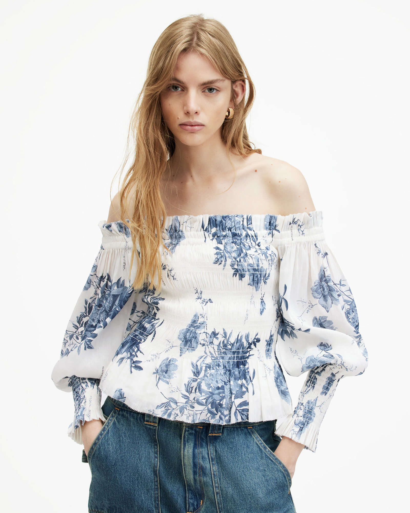 AllSaints Lara Linen Silk Blend Floral Print Top