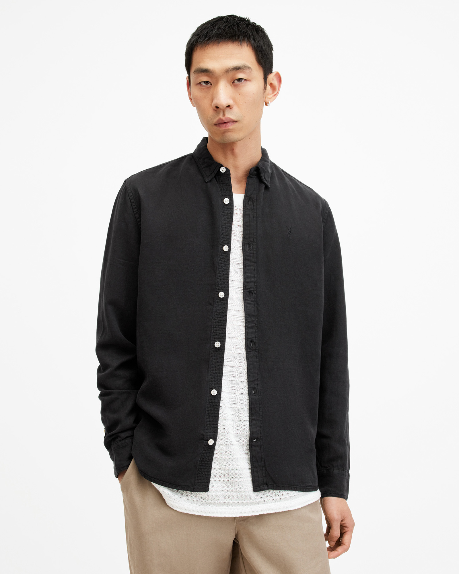 AllSaints Laguna Linen Blend Relaxed Fit Shirt,, Washed Black