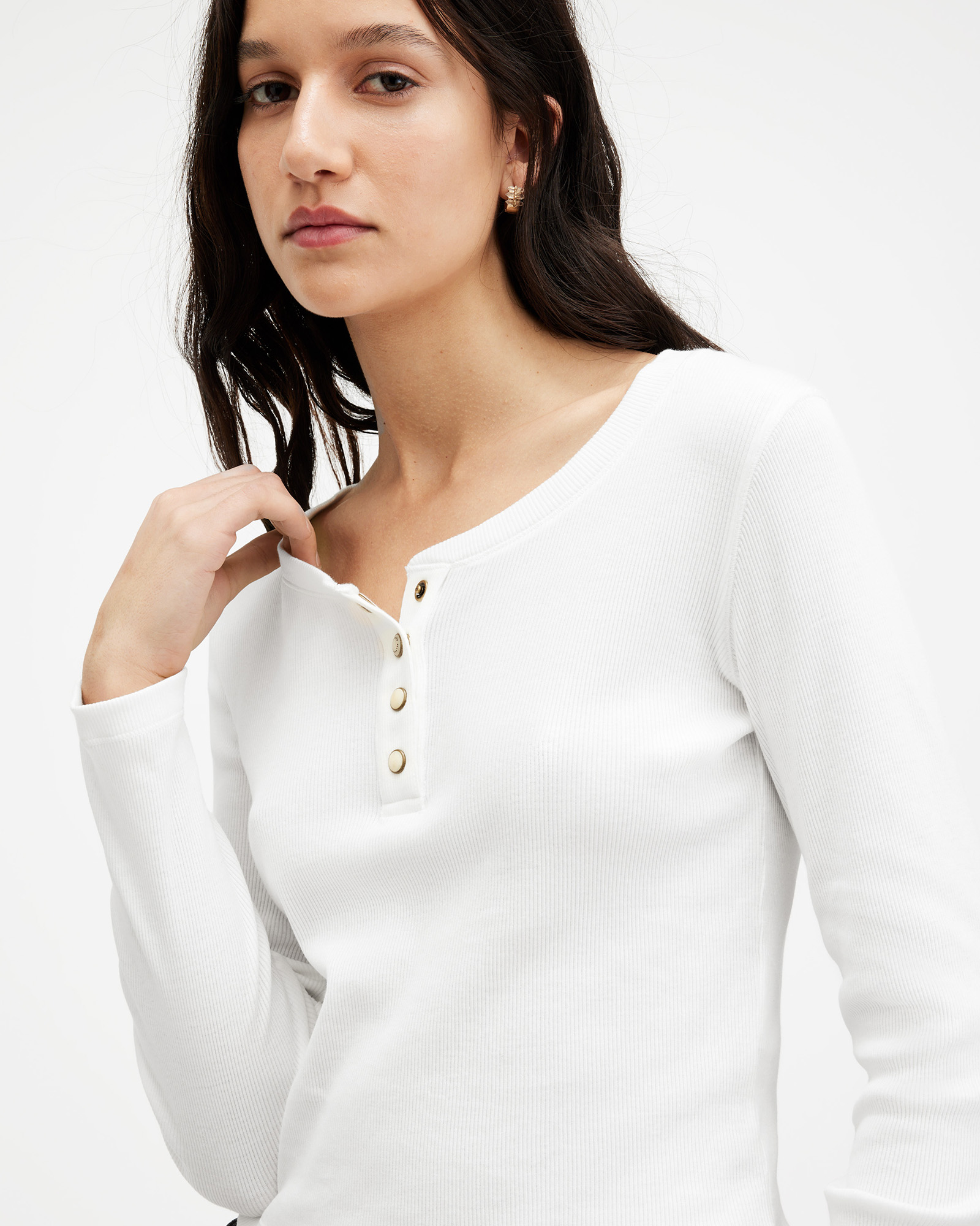 AllSaints Benny Long Sleeve Button Down T-Shirt,, Chalk White, Size: UK
