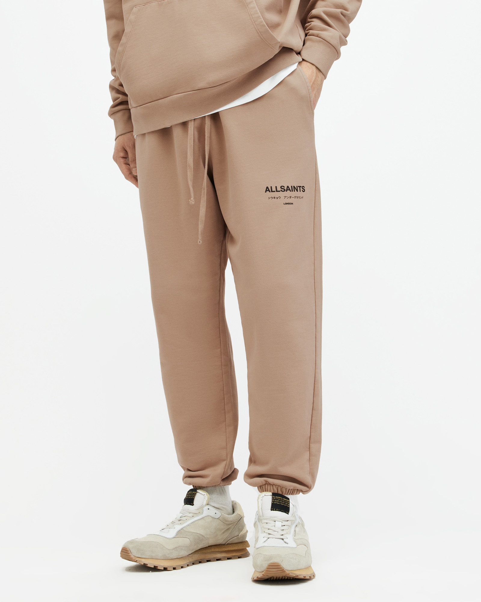 Allsaints Underground Straight Cuffed Logo Sweatpants In Toffee Taupe