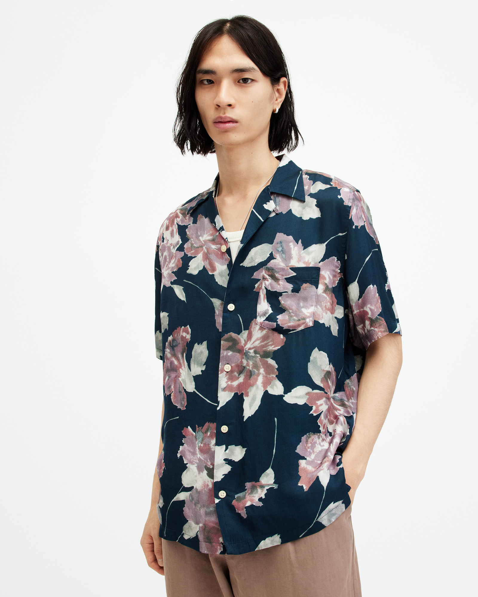 AllSaints Zinnia Floral Print Relaxed Fit Shirt,, ADMIRAL BLUE