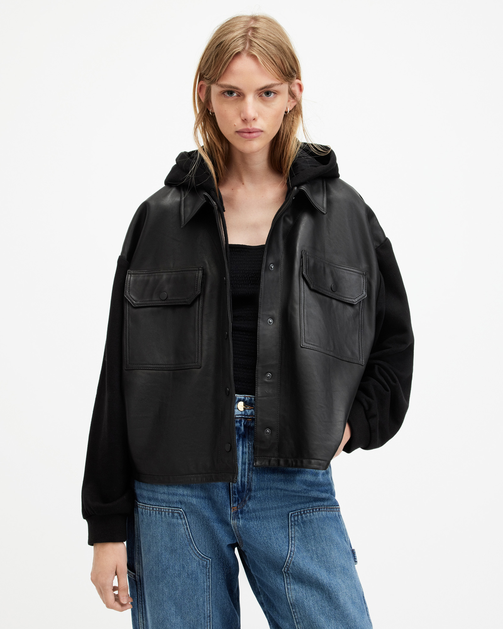 AllSaints Morten Oversized Leather Trucker Jacket,, Black, Size: