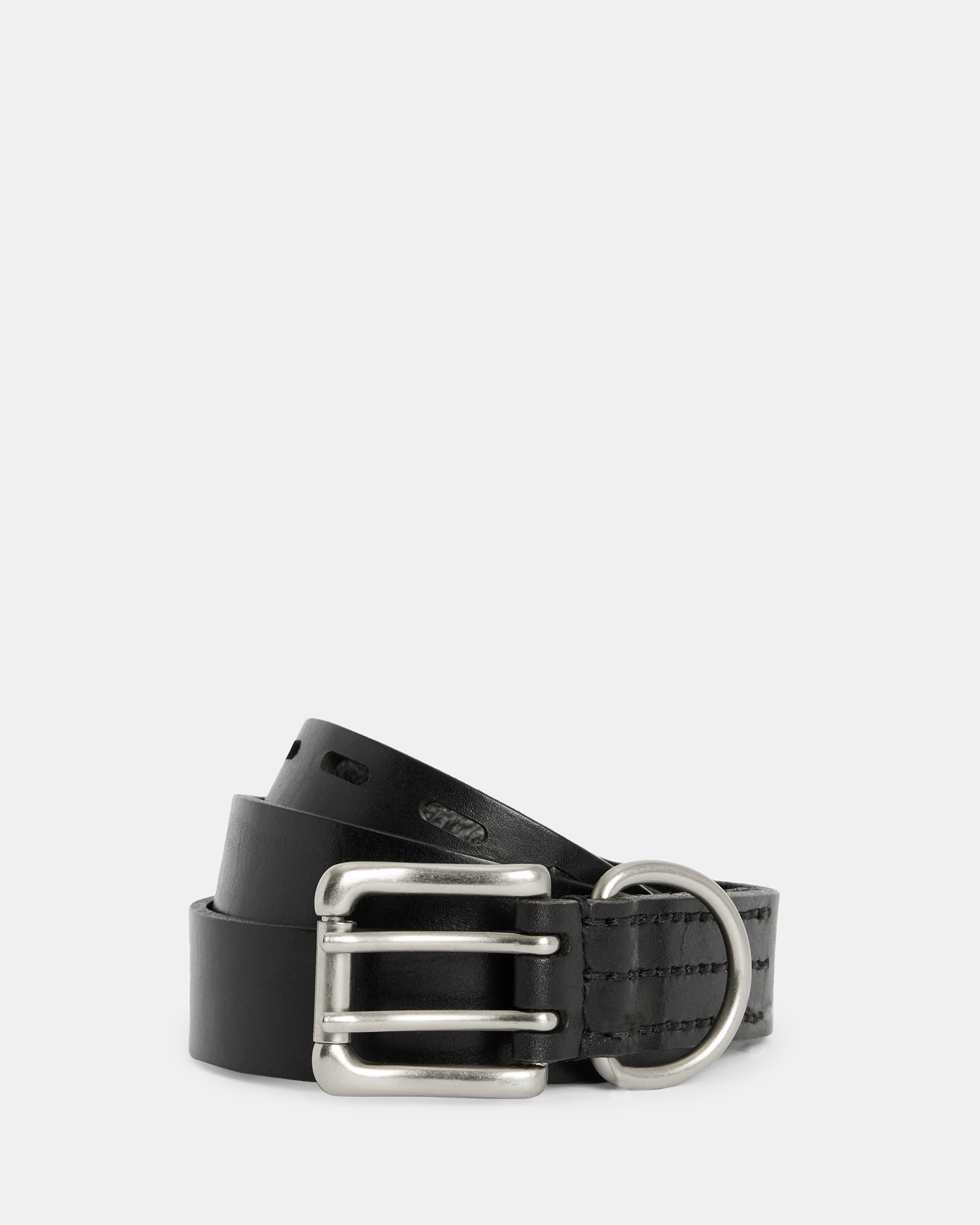 Drew Shiny Leather Double Prong Belt BLACK/DULL NICKEL | ALLSAINTS