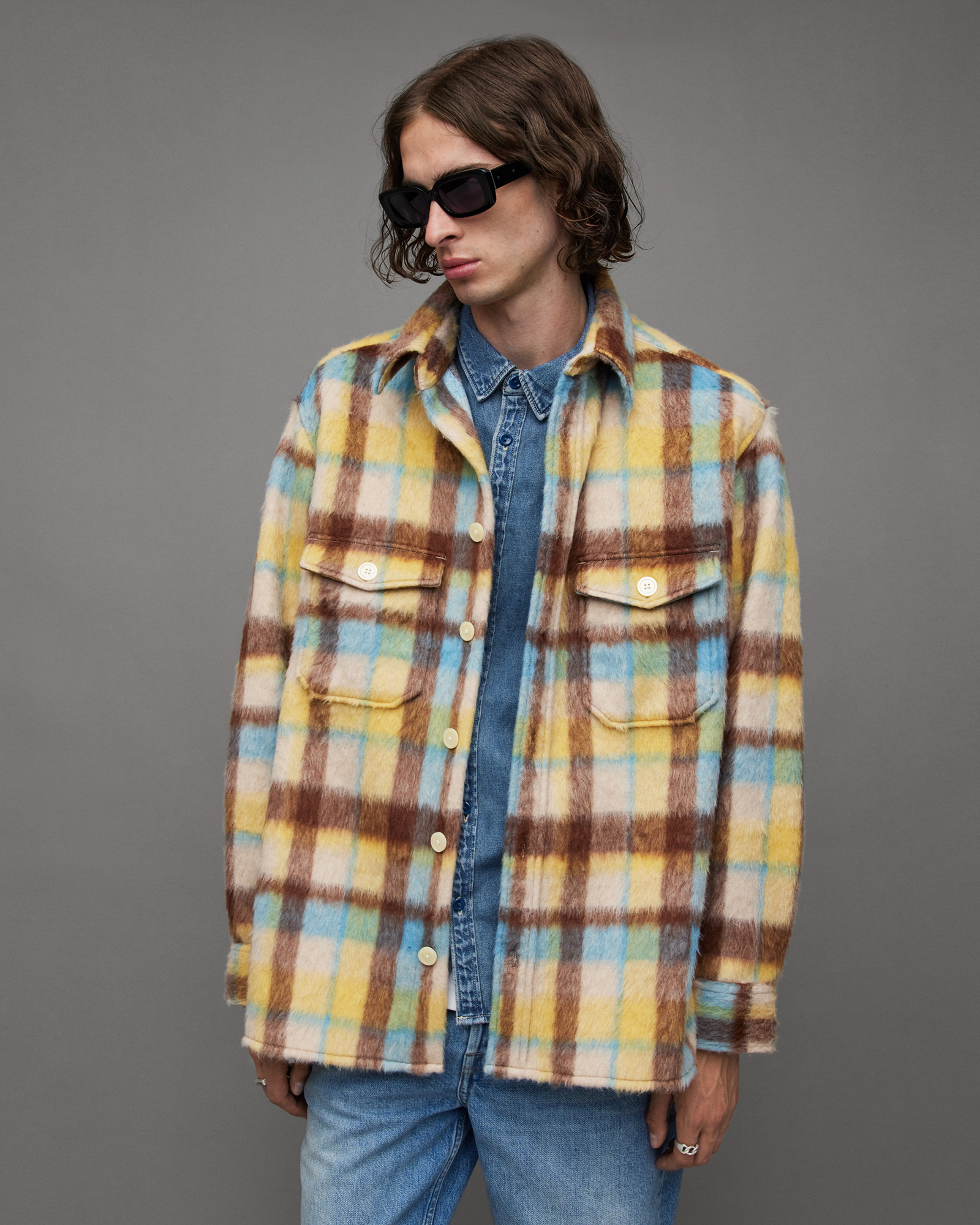 Allsaints Strabler Brushed Checked Oversized Shirt,, Yellow, Size: Xs